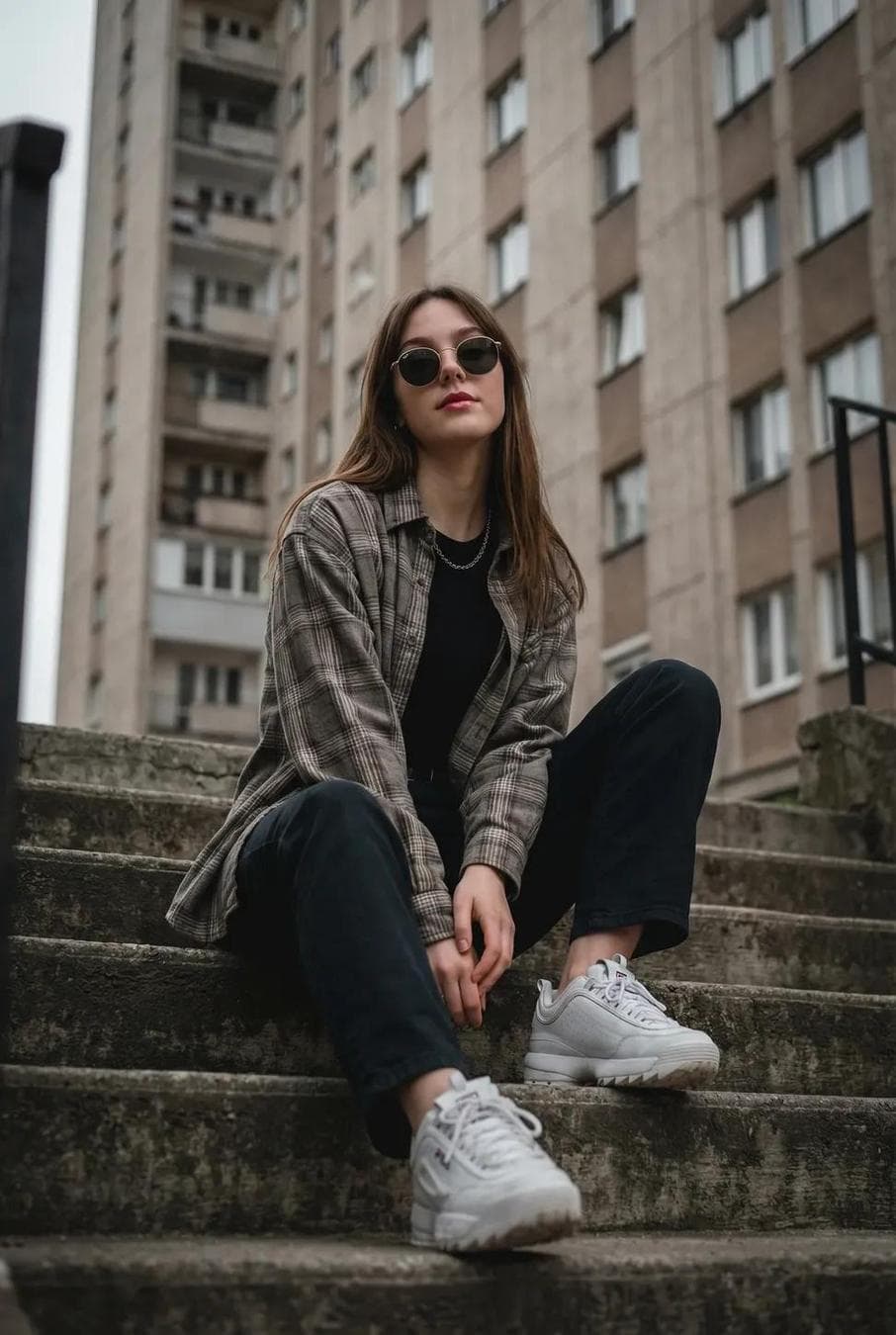 { "subject": "Young woman sitting casually on outdoor concrete stairs, posing with a cool, confident demeanor.", "clothing": "Oversized grey and beige plaid flannel shirt worn open, plain black crew-neck t-shirt underneath, loose-fitting dark trousers, chunky white sneakers.", "hair": "Long, straight light brown hair with a middle part, falling naturally over the shoulders.", "face": "Neutral, poised expression with defined red lips, eyes concealed behind sunglasses.", "accessories": "Round dark sunglasses with thin metal frames, simple silver chain necklace.", "environment": "Urban setting with a tall, grey concrete apartment block featuring a grid of windows in the background, weathered concrete steps in the foreground.", "lighting": "Soft, diffuse natural daylight indicative of an overcast…
