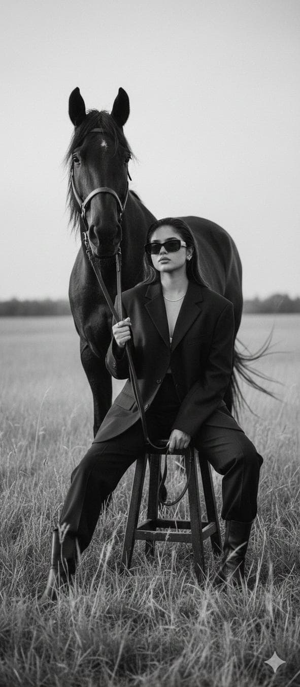 Don’t watch the clock; do what it does. Keep going. Gemini Nano Banana Pro + Grok imagine. Prompt ⤵️ Create a cinematic black‑and‑white editorial fashion photograph featuring a young woman sitting confidently on a simple wooden stool in an open, slightly wild grassy field, with a powerful black horse standing closely behind her. She holds the horse’s reins loosely in one hand, exuding quiet control. The woman wears a dark oversized luxury blazer, straight‑cut trousers, leather boots, minimal jewelry, sunglasses, and has her head slightly tilted down with a calm, introspective, dominant yet relaxed expression. Use a minimalist composition with strong negative space, high‑contrast monochrome tones, and soft natural daylight. Apply a shallow…