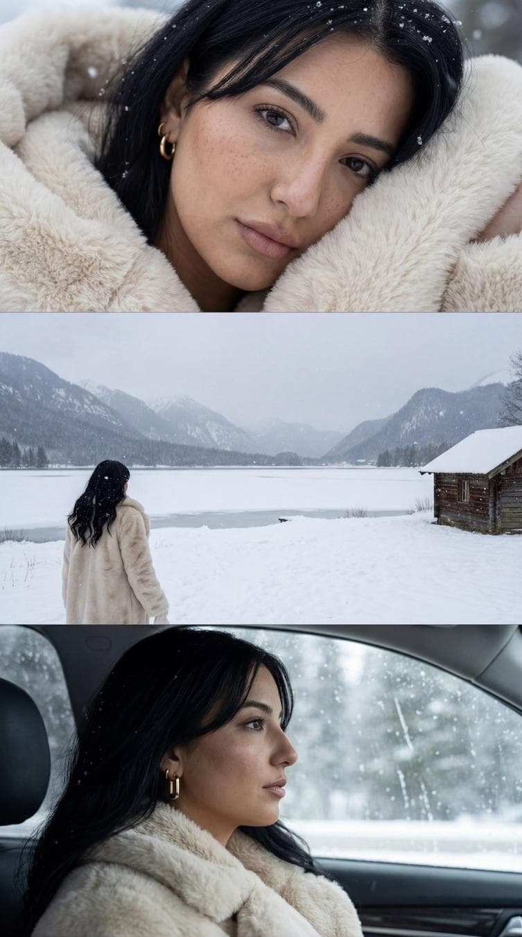 { "generation_request": { "meta_data": { "tool": "NanoBanana Pro", "task_type": "text_to_image_cinematic_editorial_triptych", "version": "v1.0_WINTER_CINEMATIC_TRIPTYCH_3_STRIPS", "priority": "highest" }, "output_settings": { "aspect_ratio": "4:5", "orientation": "portrait", "resolution": "ultra_high_res", "render_style": "ultra_photoreal_cinematic_editorial", "sharpness": "crisp_but_natural", "film_grain": "subtle_analog", "color_grade": "cool_winter_filmic", "retouch_level": "editorial_minimal_keep_texture", "noise_reduction": "low" }, "composition": { "layout": "single image composed as a 3-panel vertical triptych (three horizontal strips stacked top/middle/bottom)", "panel_borders": "thin clean separators, no text, no frames, no watermark", "overall_style": "cohesive cinematic series with consistent color, lensing, and snowfall" }, "lighting_and_camera": { "lighting": "soft overcast winter daylight, diffused, gentle contrast", "lens": "85mm for close portrait, 35mm for landscape, 50mm for car profile", "aperture": "f/2.8 portrait panels, f/5.6 landscape panel", "iso": "200-400", "shutter": "1/250" }, "creative_prompt": { "scene_summary": "Create ONE single ultra-photoreal cinematic editorial image as a three-strip triptych (top/middle/bottom).\n\nTOP PANEL (close beauty):\n- Extreme close-up of a young woman’s face nestled into a plush cream faux-fur hood/coat collar.\n- Visible natural freckles across nose and cheeks, realistic pores and skin texture (no plastic smoothing).\n- Copper/red hair with soft bangs, a few snowflakes melting on hair and fur.\n- Gold hoop earrings (subtle luxury).\n- Expression: calm, slightly wistful, eyes looking toward camera.\n\nMIDDLE PANEL (wide landscape):\n- Wide shot of a frozen lake and snowy field with distant mountains.\n- A small wooden cabin on the right side of frame (cozy, rustic), light snow falling.\n- The same woman seen from behind/three-quarter angle on the left, wearing the same cream fur coat with hood.\n- Cinematic negative space, gentle atmospheric haze, crisp winter air.\n\nBOTTOM PANEL (car profile):\n- Inside a car, side profile portrait of the same woman seated by the window.\n- Snow visible outside through the window; soft reflections on glass.\n- She wears the same cream fur coat; red hair flowing, gold geometric/rectangular earring…