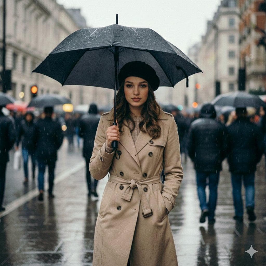 { "render_goal": "Ultra-cinematic, hyper-realistic rainy street portrait with shallow depth of field", "scene": { "location": "busy city street", "weather": "steady rain, wet reflective roads, soft mist in the air", "time": "overcast daytime", "atmosphere": "moody, cinematic, emotionally rich" }, "subject": { "identity": "girl identical to the reference", "action": "walking forward through a crowded street while holding an umbrella", "pose": "natural walking posture, relaxed shoulders", "expression": "calm, confident, slightly intense", "eye_direction": "looking directly at the camera from a distance", "outfit": { "style": "elegant, modern, attractive", "fit": "well-tailored, flattering silhouette", "fabric_behavior": "slightly affected by rain, realistic wet textures" } }, "composition": { "camera_distance": "medium to long shot", "framing": "subject centered with balanced negative space", "angle": "eye-level, cinematic street photography", "focus": "razor-sharp focus on the girl only", "depth_of_field": "extremely shallow" }, "background": { "crowd": "dense crowd walking in all directions", "motion": "crowd fully blurred with motion blur", "detail_level": "faces and bodies indistinguishable", "separation": "strong subject-background isolation" }, "lighting": { "type": "soft diffused natural light"…