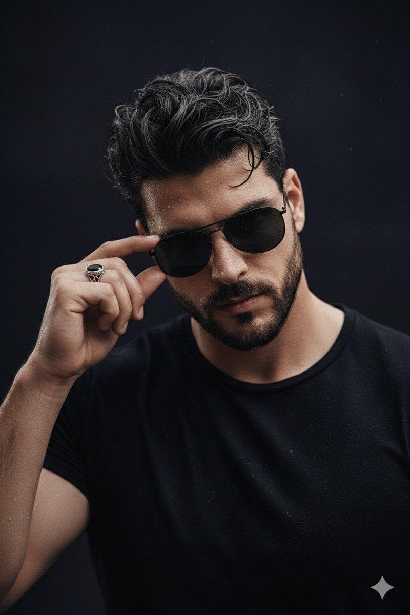 Ultra-realistic cinematic close-up portrait of a young man with wet skin and damp, messy hair. He is lightly touching the frame of dark, rectangular aviator sunglasses beaded with clear water droplets. The lighting is low-key and dramatic, creating deep shadows that emphasize the moisture on his skin and the fine texture of his beard. He wears a plain, form-fitting matte black t-shirt that blends into a dark, minimal background. Detailed hand gesture showing defined knuckles and a silver ring with stone on the…