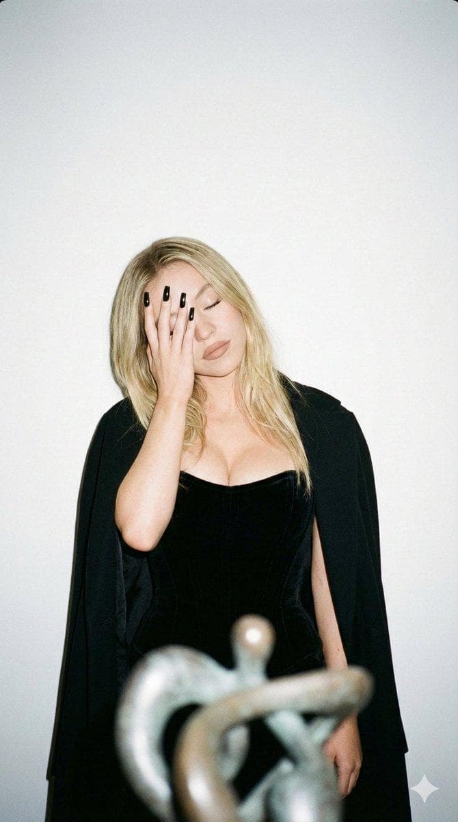 { "image_style": { "type": "photorealistic", "aesthetic": "Instagram shot", "effects": [ "film grain", "direct flash" ] }, "composition": { "framing": "waist-up photograph", "aspect_ratio": "9:16" }, "subject": { "description": " woman Sydney Sweeney", "constraint_note": "do not alter the sensitivity of the face and features", "pose": { "orientation": "facing the camera directly", "head": "tilted slightly to the side", "eyes": "closed", "action": "covering her face with her hand, pulling her elbow away and lifting it to the side", "mood": [ "elegant", "pensive", "playful" ] }, "appearance": { "attire": [ "black velvet corset"…