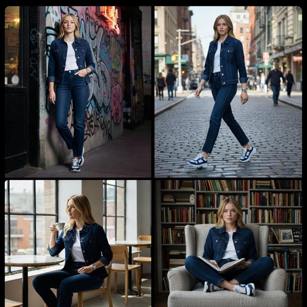 Hyper-realistic cinematic full-body fashion photoshoot of the uploaded woman (age 26, 5'5"), exact face and hairstyle from the uploaded image, perfectly styled. Leaning back confidently on a deep navy-blue bean bag, one arm resting on the edge of the bag, legs slightly apart, projecting calm confidence and poise. Wearing a bold all-navy look: navy blue denim jacket over a fitted white T-shirt, navy blue denim…