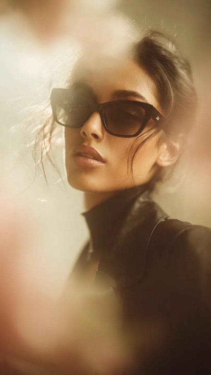 Ultra-realistic cinematic fashion portrait of a stylish woman wearing oversized black cat-eye sunglasses, soft warm golden sunlight, hazy foreground blur creating dreamy depth, shallow depth of field, glowing skin, natural makeup, glossy nude lips, loose messy updo hairstyle with soft strands falling, black high-neck outfit, luxury editorial vibe, shot through translucent fabric for soft diffusion, 85mm…