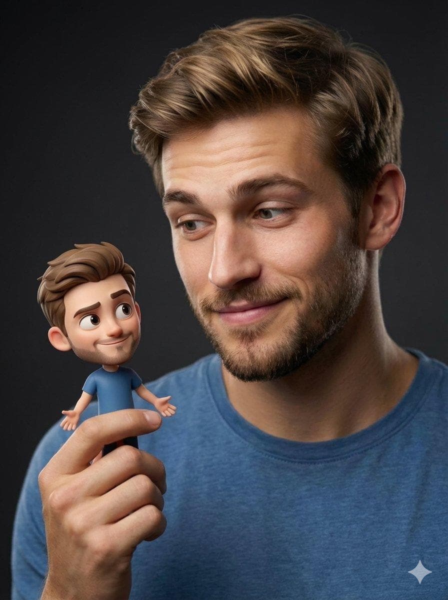 { "Objective": "Create a hyper-realistic studio portrait blending photorealism with a whimsical 3D cartoon miniature character", "PersonaDetails": { "PrimarySubject": { "Type": "Young man", "Appearance": { "Hair": "Light brown hair, neatly styled", "FacialHair": "Neatly trimmed beard", "Skin": "Photorealistic, natural texture" }, "Expression": "Soft, warm smile", "Gaze": "Looking at the miniature character on his fingertips", "Wardrobe": "Blue t-shirt" }, "SecondarySubject": { "Type": "Tiny 3D cartoon version of the man", "Scale": "Miniature, resting on fingertips", "Style": "Pixar-style 3D character design", "Proportions": "Exaggerated cute proportions", "Features": { "Eyes": "Large, expressive", "Expression": "Friendly, playful pose" }, "Consistency": "Matching hairstyle and outfit of the main subject" } }, "Composition": { "Framing": "Close-up studio portrait", "Focus": "Ultra-sharp focus on both faces", "DepthOfField": "Shallow depth of field with soft background blur", "Balance": "Clean, centered composition emphasizing interaction" }, "LightingAndMood": { "LightingStyle": "Cinematic soft studio lighting", "Highlights": "Gentle highlights on skin and miniature character", "Background": "Dark neutral backdrop", "Mood": "Modern, whimsical, warm" }, "ArtDirection": { "StyleFusion": [ "Photorealistic human portrait", "Pixar-style 3D character rendering" ], "DetailLevel": "High detail with clean textures"…