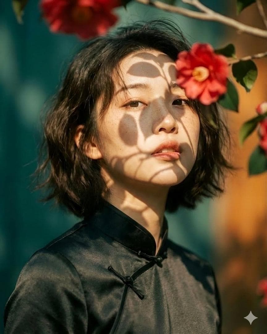 Artistic portrait of an elegant Asian woman wearing a black silk cheongsam (qipao), standing among red camellia flowers and delicate branches, soft natural sunlight filtering through leaves creating beautiful shadow patterns across her face, short slightly messy bob haircut, natural freckles and minimal makeup, calm thoughtful expression, cinematic shallow depth of field…