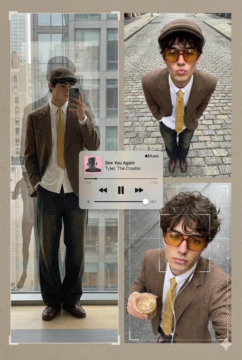 An editorial poster-style multi-panel collage presents Subject[person in the image] across three asymmetric photographic frames, unified by a muted-brown urban streetwear aesthetic and a retro analog-digital fusion mood. The top-left frame captures a reflective window shot where the subject holds a phone in front of their face, dressed in a brown plaid blazer layered over a white button-up shirt, a yellow tie, loose dark trousers, and a brown cap; the reflective surface introduces layered ghosting, faint architectural overlays, and a subtly stretched full-body silhouette shaped by the curvature of the glass. The top-right frame shifts into a close-range, downward-angled ultra-wide portrait taken on a cobblestone street, where the subject leans forward with hands in pockets and lips exaggeratedly pouting, wearing the same outfit now paired with oversized amber-tinted rectangular sunglasses, while the cobblestones warp and radiate outward due to lens perspective distortion. The bottom-right frame becomes an intimate overhead selfie with the subject holding a drink, still in the same wardrobe but now with wired earphones, the amber sunglasses dominating the frame under soft overcast lighting, enhanced by faint digital-grid overlays and a minimal square facial-bounding graphic. Floating across the middle section of the poster is a translucent iOS-style Apple Music mini-player…