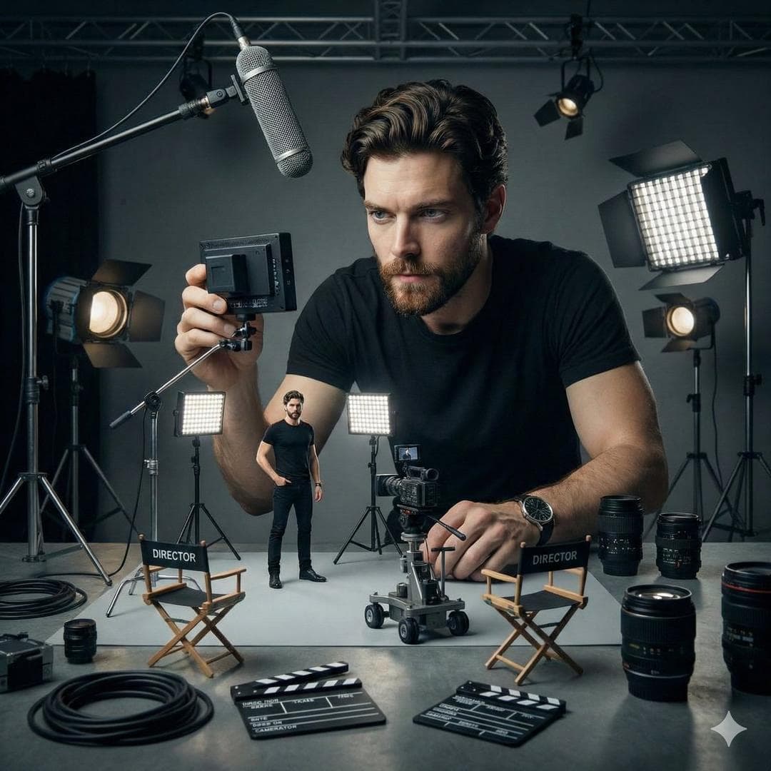 Ultra-realistic cinematic studio scene of a woman supervising a miniature behind-the-scenes film set starring her tiny self. She checks a miniature monitor while the small figure stands near scaled lighting rigs. Both versions share identical facial features, body language, and clothing. Mini…