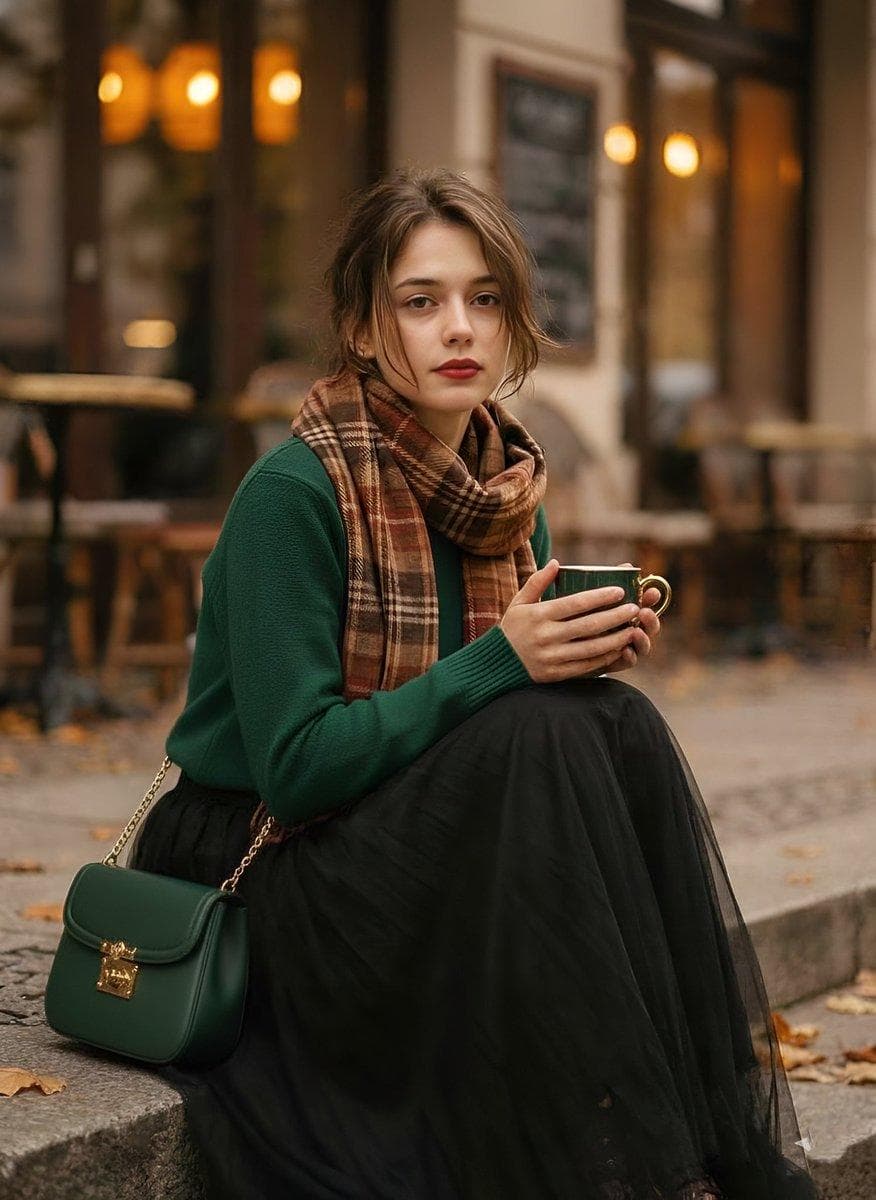 { "image_generation_prompt": "Aesthetic 1970s-inspired fashion portrait of a stylish young woman sitting on outdoor cafe steps, holding a premium ornate green coffee cup with gold rim detailing, gazing softly at the camera. Her hair is styled in soft loose strands framing her face with vintage makeup, matte red lips, and subtle eyeliner. She is wearing a cozy forest green premium knit sweater paired with a long flowing black tutu skirt. A warm vintage plaid scarf in earthy brown, burnt orange, and muted red tones is wrapped loosely around her neck. A premium dark green leather crossbody bag with a gold filigree clasp and chain strap is placed beside her. Autumn street café setting with scattered fallen leaves and warm…