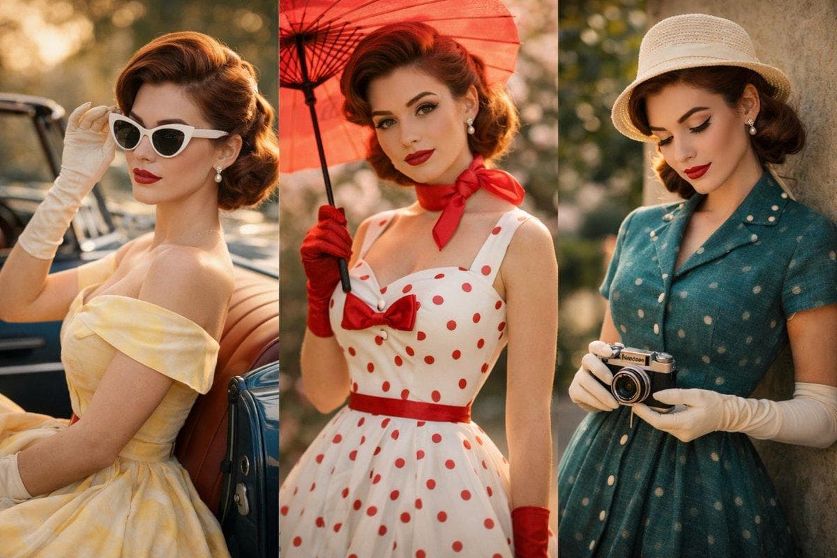 A cinematic vintage fashion portrait of a graceful young woman in a 1950s aesthetic, standing beside a classic convertible car. She is captured from a three-quarter back angle, looking over her shoulder with a soft, confident gaze. She wears an elegant ivory strapless dress with a fitted bodice and a flowing skirt adorned with hand-painted red rose floral patterns near the hem. A thin red belt cinches her waist. Her hair is styled in a voluminous retro updo, auburn/red tones, topped with a straw boater hat featuring a red ribbon. She wears white satin gloves and delicate pearl earrings. Makeup is refined and timeless: winged…