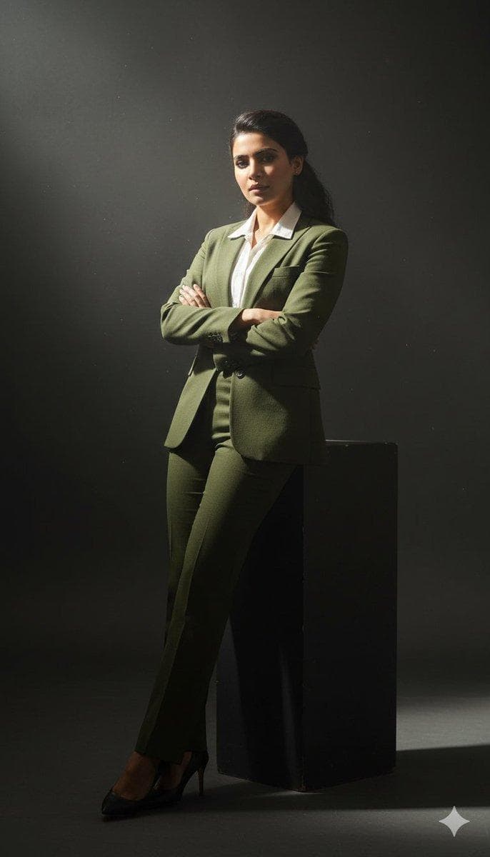 { "prompt": "Cinematic full-body studio portrait of a subject using the uploaded face as exact reference (preserve identity, facial structure, and proportions). Slightly low-angle perspective with a 35mm lens for a commanding, sophisticated presence. Subject leaning casually against a dark minimalist plinth, arms crossed. Wearing a perfectly tailored slim-fit olive green suit and a crisp white dress shirt, top buttons undone. Intense chiaroscuro lighting with a single powerful volumetric spotlight from the upper-left, cutting through subtle atmospheric haze with swirling smoke and micro-dust particles. Sharp rim highlights along shoulders and silhouette, deep velvety shadows across the body, high-contrast moody aesthetic. Hyper-realistic textures, visible fabric weave, subtle reflections on a polished studio floor, professional cinematic lighting, ultra-detailed, 8K resolution, no text, no watermark.", "resolution"…