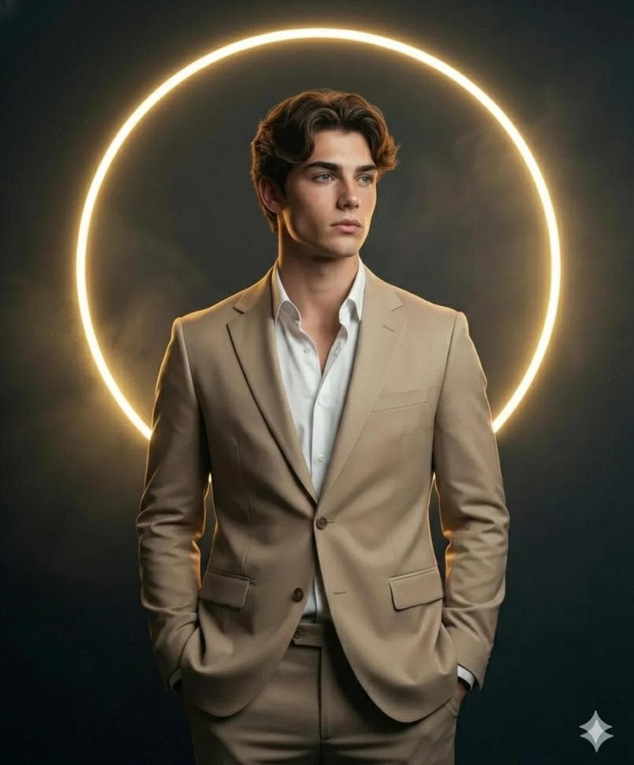 A high-definition, cinematic portrait of a sharp, handsome young man with wavy dark hair, wearing a tailored tan/beige suit over a crisp white button-down shirt. He is standing in front of a glowing, golden neon ring that provides a halo effect. The background is dark and moody with subtle smoke or…