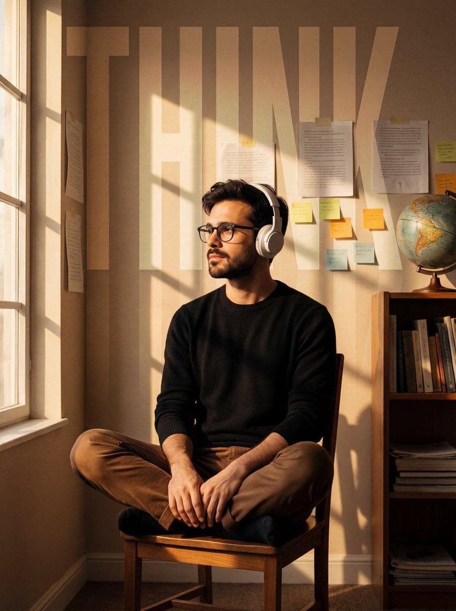 A cinematic portrait of a young man in the uploaded image sitting cross-legged on a simple wooden chair, wearing white over-ear headphones and gazing thoughtfully toward the light. He is wearing black sweater and brown trousers. He is in a cozy study room; the background features a beige wall cluttered with taped papers and sticky notes, with a wooden bookshelf and a globe visible on the right. Warm, golden-hour sunlight streams in from the left, casting distinct, sharp grid-like window shadows across the…