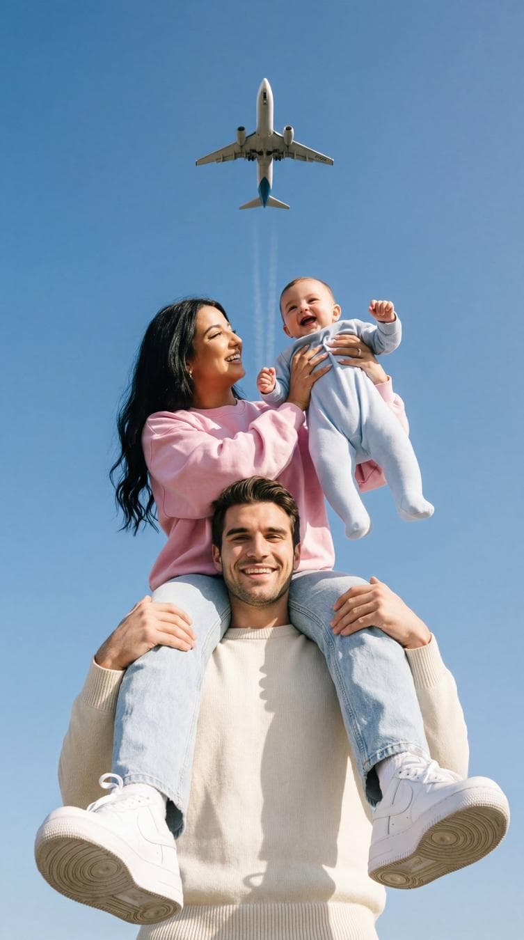 { "generation_request": { "meta_data": { "tool": "NanoBanana Pro", "task_type": "photoreal_cinematic_travel_couple_low_angle_airplane_overhead_with_baby", "version": "v1.1_SHOULDERS_CARRY_PLANE_SKY_HERO_SHOT_BABY_LIFT", "priority": "highest" }, "references": { "female_reference_image": { "slot": 1, "purpose": "FEMALE_IDENTITY_LOCK", "strict_identity_lock": true }, "male_reference_image": { "slot": 2, "purpose": "MALE_IDENTITY_LOCK", "strict_identity_lock": true }, "composition_reference_image": { "source": "UPLOAD_REFERENCE_IMAGE (OPTIONAL)", "purpose": "COMPOSITION_POSE_PROP_LOCK", "strict_lock": true, "no_layout_drift": true, "preserve_framing": true } }, "output_settings": { "aspect_ratio": "4:5", "orientation": "portrait", "resolution": "ultra_high_res", "render_style": "ultra_photoreal_cinematic_lifestyle", "sharpness": "crisp_but_natural", "film_grain": "subtle_analog", "color_grade": "clean_true_to_life_warm_daylight" }, "hard_constraints": [ "Exactly 3 subjects only: one female, one male, and one baby (infant/toddler).", "Faces of the adult couple must match the uploaded references with maximum similarity (no morphing).", "Match the reference composition: extreme low-angle hero shot, man carrying woman on his shoulders.", "Woman holds the baby securely and lifts the baby slightly upward (safe, realistic lift; not extreme).", "A commercial airplane must be clearly visible overhead in the sky (top area of frame).", "No text, no logos, no watermark.", "Photoreal anatomy (no extra limbs/fingers), realistic footwear and clothing folds." ], "camera": { "style": "cinematic travel lifestyle photo", "lens": "24mm", "aperture": "f/2.8", "focus": "sharp on couple faces and baby, slight falloff toward shoes", "shutter_speed": "1/1600", "iso": 100, "white_balance": "bright clear daylight" }, "lighting": { "type": "direct sunny daylight", "contrast": "medium", "highlights": "natural sun highlights, controlled (no blown skin)", "shadows": "soft-ish due to open sky bounce" }, "prompt": { "scene_summary": "Ultra-photoreal cinematic travel lifestyle photo. Extreme low-angle hero perspective looking up at a family against a wide open blue sky. The man carries the woman on his shoulders; she sits securely with legs draped to each side, sneakers visible close to camera. The woman holds a baby securely and lifts the baby upward in a joyful 'flying' moment (safe realistic lift: baby raised only slightly above her face level, supported with both hands, baby’s head/neck naturally supported). The man smiles, holding the woman’s legs/ankles for support, stance stable and natural. A commercial passenger airplane flies overhead, centered near the top of the frame, clearly recognizable with realistic scale, motion blur minimal.\n\nWardrobe & vibe (match reference):\n- Soft casual neutrals: man in a cream/beige sweater and light denim; woman in an oversized pastel/pink sweatshirt; clean white…