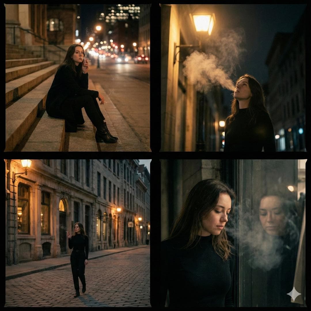 A cinematic 4-panel photo collage showing a quiet, introspective city walk with smoking as a character detail. • Frame 1: Sitting briefly on wide stone stairs, cigarette lit, city lights behind • Frame 2: Standing still under a warm streetlamp, slow smoke drifting upward • Frame 3: Walking past old European buildings, cigarette between fingers • Frame 4: Pausing near a closed shop window, reflection…