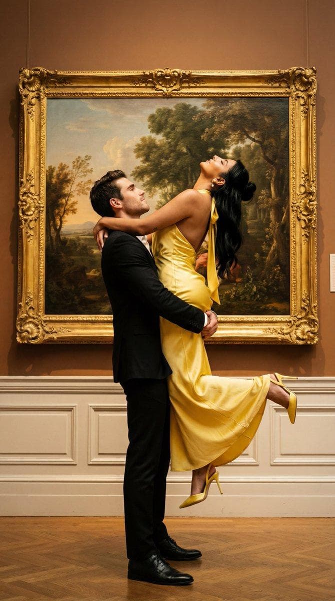 { "generation_request": { "meta_data": { "tool": "NanoBanana Pro", "task_type": "photoreal_cinematic_romantic_fine_art_editorial", "version": "v1.1_GALLERY_FRAME_COUPLE_LIFT_EMBRACE_YELLOW_HALTER_SATIN", "priority": "highest" }, "references": { "reference_image_1": { "source": "UPLOAD_REFERENCE_IMAGE", "purpose": "POSE_COMPOSITION_LIGHTING_REFERENCE", "strict_lock": true, "match_reference_priority": "MAX", "preserve_pose_geometry": true, "preserve_framing_and_cropping": true, "preserve_background_structure": true, "preserve_mood_and_lighting": true, "no_style_drift": true }, "reference_image_2": { "source": "UPLOAD_FACE_REFERENCE (OPTIONAL)", "purpose": "FACE_IDENTITY_LOCK_FEMALE", "strict_lock": true, "face_similarity_priority": "MAX", "no_identity_blending": true, "no_beautify": true, "no_age_shift": true, "preserve_skin_texture": true, "preserve_facial_proportions": true }, "reference_image_3": { "source": "UPLOAD_FACE_REFERENCE (OPTIONAL)", "purpose": "FACE_IDENTITY_LOCK_MALE", "strict_lock": true, "face_similarity_priority": "MAX", "no_identity_blending": true, "no_beautify": true, "no_age_shift": true, "preserve_skin_texture": true, "preserve_facial_proportions": true } }, "creative_direction": { "concept": "A cinematic, museum-gallery romance scene: a couple in an intimate lift embrace, posed in front of a large ornate framed classical landscape painting. High-end editorial, dramatic but elegant. The woman wears a striking yellow satin halter-neck gown tied at the back of the neck, with matching yellow high heels.", "mood": "intimate, luxurious, timeless, fine-art cinematic", "style_keywords": "old-master atmosphere, museum lighting, romantic tension, film still" }, "scene": { "location": "museum/gallery interior", "background": { "hero_object": "a large ornate gold frame containing a classical landscape painting", "wall": "warm brown gallery wall", "lower_wall": "white wainscoting / panel molding", "floor": "dark warm wood" }, "composition": "full-body vertical frame, couple centered, painting fills most of the background" }, "subjects": { "male": { "wardrobe": "black suit, black trousers, black shoes", "pose": "standing, lifting the woman at her waist/thigh, stable posture, looking up at her face" }, "female": { "wardrobe": { "dress": "yellow silk satin halter-neck gown, neck-tie strap (tied behind the neck), fitted bodice, elegant drape, subtle sheen, high-fashion finish", "fabric_notes": "realistic satin highlights, soft folds, premium couture construction" }, "shoes": "yellow high-heel sandals or classic yellow pumps (matching the dress)", "pose": "arched back, head tilted upward, hair flowing, one leg bent and lifted, arms around his shoulders/neck", "vibe": "elegant, sensual, not explicit" } }, "photography": { "camera_style": "cinematic fashion/editorial still", "lens": "50mm prime (natural perspective)", "lighting": { "key": "soft directional gallery light from above/front", "fill": "minimal, moody shadows preserved", "highlights": "subtle sheen on frame…