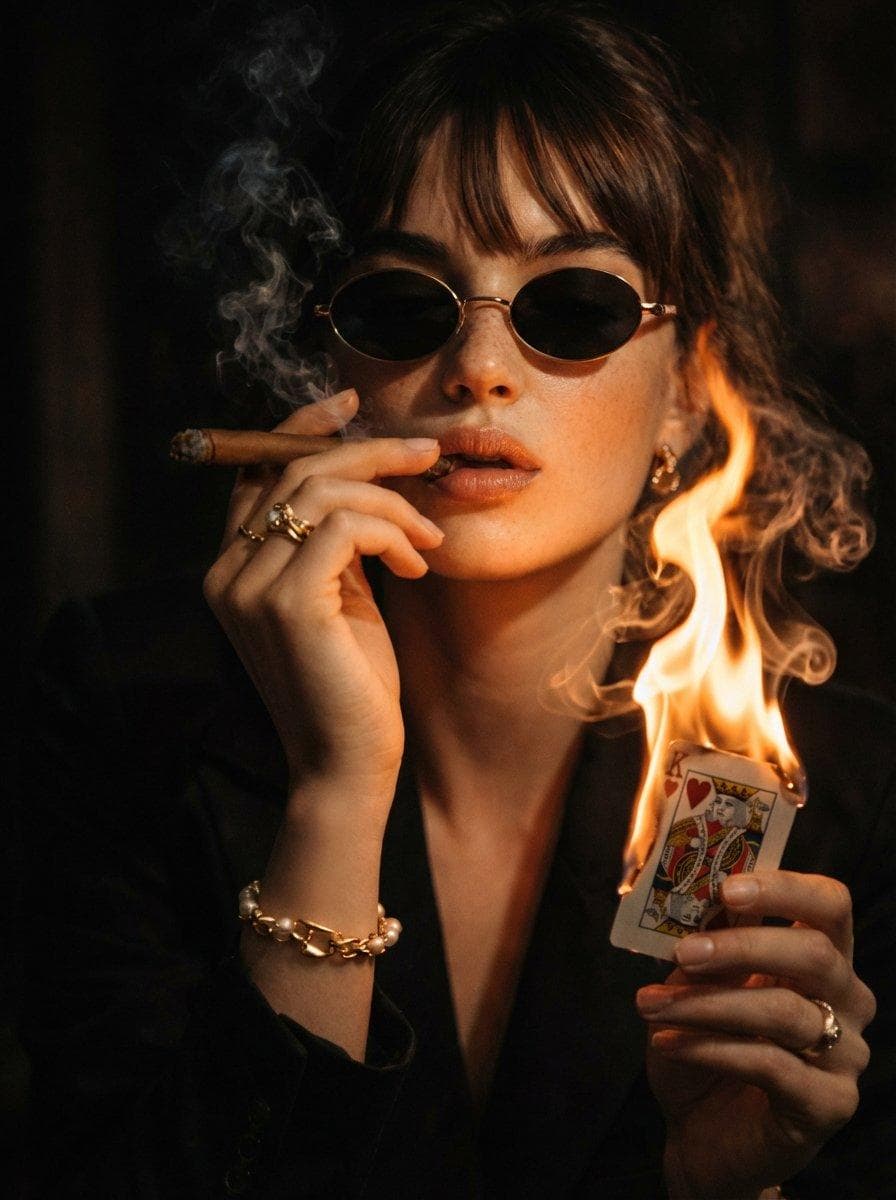 A cinematic, moody portrait of a stylish women in dark suit and oval sunglasses, smoking a thin medium cigar while holding a burning playing card in his hand king of hearts, dramatic fire and smoke swirling in the air, low-key lighting, warm orange fire glow illuminating her face, dark blurred background, shallow depth of field…