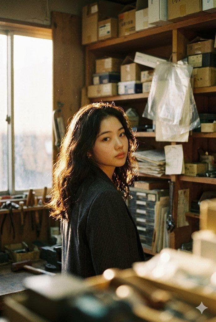 { "subject": { "description": "Young East Asian woman, positioned in profile turning to look back at the viewer.", "pose": "Looking over shoulder, slight head tilt, body angled away from camera.", "expression": "Soft, neutral to slightly melancholic, contemplative gaze, lips slightly parted." }, "clothing": { "upper_body": "Dark, structured jacket or blazer, possibly pinstriped or textured fabric.", "visibility": "Mostly obscured by shadow and foreground elements." }, "hair": { "color": "Dark brown to black.", "style": "Long, loose, tousled waves, slightly messy texture.", "lighting_interaction": "Strongly backlit, creating a glowing halo effect on loose strands (rim lighting)." }, "face": { "skin_tone": "Fair/pale with warm undertones.", "features": "Soft facial structure, almond-shaped eyes, natural eyebrows.", "makeup": "Minimal, 'no-makeup' look, natural lip color." }, "accessories": { "visible_items": "None clearly visible due to framing and lighting." }, "environment": { "setting": "Cluttered interior space, resembling a workshop, storage room, or old bookstore.", "background_elements": "Wooden shelves stacked with indistinct objects, papers, boxes, and plastic packaging.", "foreground_elements": "Blurred translucent objects (possibly glass, plastic sheets, or dust covers) creating layers and reflections." }, "lighting": { "source": "Natural sunlight streaming through a window on the left.", "quality": "Golden hour, warm, diffuse but directional.", "effects"…