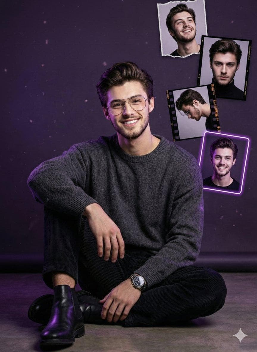 { "Objective": "Create a stylish, cinematic birthday-themed studio portrait with a modern celebratory poster aesthetic", "PersonaDetails": { "Subject": { "Type": "Young man", "Pose": "Sitting casually on the floor", "Expression": "Confident, friendly smile", "Gaze": "Looking directly at the camera", "Accessories": [ "Glasses", "Wristwatch" ] } }, "Wardrobe": { "Top": "Dark grey sweater", "Bottom": "Black trousers", "Footwear": "Black leather boots", "Style": "Clean, modern, understated" }, "SceneDescription": { "Environment": "Studio setting", "Background": { "Color": "Deep purple", "Details": "Subtle glowing particles floating in the background" } }, "GraphicElements": { "Typography": { "Text": "Happy Birthday", "Style": "Neon typography", "Color": "Soft purple and white glow", "Placement": "Top corner of the composition" }, "FloatingFrames": { "Description": "Multiple framed portrait snapshots of the same person", "Variations": [ "Different poses and moods", "Film negative–style frames", "Neon-outlined light frames" ], "Arrangement": "Floating around the subject with balanced spacing" } }, "Composition": { "Framing": "Medium full-body portrait", "Layout": "Centered subject with surrounding floating elements", "Balance": "Clean, poster-style composition", "DepthOfField": "Shallow depth of field with layered depth" }, "LightingAndColor": { "LightingStyle": "Cinematic studio lighting", "RimLight": "Soft purple rim light for edge separation", "Contrast": "High contrast with controlled highlights", "ColorPalette": [ "Deep purple", "Black", "Soft white highlights" ] }, "ArtDirection": { "Style": "Modern celebratory poster", "Aesthetic": "Stylish, cinematic, social-media–ready"…