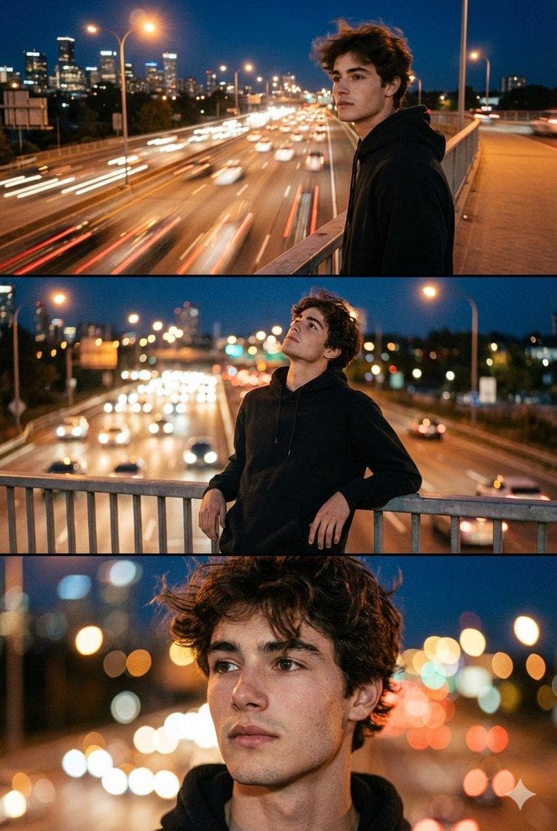 use the uploaded photo as the exact identity reference. keep the same person, same face, same facial features, same proportions and natural expression, create a photorealistic cinematic triptych portrait (three-frame composition in one image). scene: night city, bridge over a busy road, moving cars, glowing street lights, evening sky, city skyline in the background. atmosphere: freedom, motion, youth, urban romance, feeling of wind and road. frame 1 (top): wide cinematic shot - the person standing on a bridge above a busy road, slight motion blur from head movement, city lights and cars below, strong urban night mood. frame 2 (middle): medium shot person leaning on the bridge railing, looking up at the sky, relaxed confident pose, cars and headlights glowing behind. frame 3 (bottom): close-up emotional portrait wind in hair, city lights in bokeh behind, thoughtful and dreamy expression. style: real photography, cinematic lifestyle…