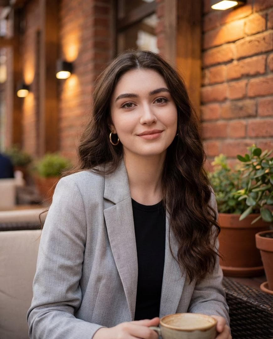 { "image_type": "photograph", "genre": "casual lifestyle portrait", "orientation": "portrait", "composition": { "framing": "medium close-up", "camera_angle": "eye-level", "subject_position": "centered with slight right bias", "crop": "head and upper torso visible", "depth_of_field": "shallow, softly blurred background", "perspective": "natural human-eye perspective" }, "subject": { "count": 1, "gender_presentation": "female-presenting", "age_range": "young adult", "pose": "seated, relaxed posture", "expression": "soft smile, calm and approachable", "gaze": "directly at camera", "skin_tone": "light to medium warm complexion", "facial_features": { "face_shape": "oval", "eyes": "large, dark-colored", "eyebrows": "full, well-defined", "lips": "medium-full with subtle gloss", "makeup": "natural glam; defined eyelashes, eyeliner, even complexion, soft blush, neutral lip color" }, "hair": { "color": "dark brown", "length": "long", "texture": "wavy", "part": "slightly off-center", "styling": "loose, natural waves" }, "accessories": [ "medium-sized gold hoop earrings" ], "clothing": { "outerwear": "light gray coat or blazer", "innerwear": "black top", "style": "casual-chic" } }, "environment": { "setting": "outdoor café or courtyard", "background_elements": [ "brick wall", "wooden beams", "warm wall-mounted lights", "potted green plants", "outdoor seating" ], "location_type": "urban, cozy, semi-enclosed outdoor space", "time_of_day": "late afternoon or early evening" }, "lighting": { "type": "natural ambient with warm artificial accents", "direction": "front and slightly above", "quality": "soft, diffused", "shadows": "minimal, gentle facial contouring", "color_temperature"…