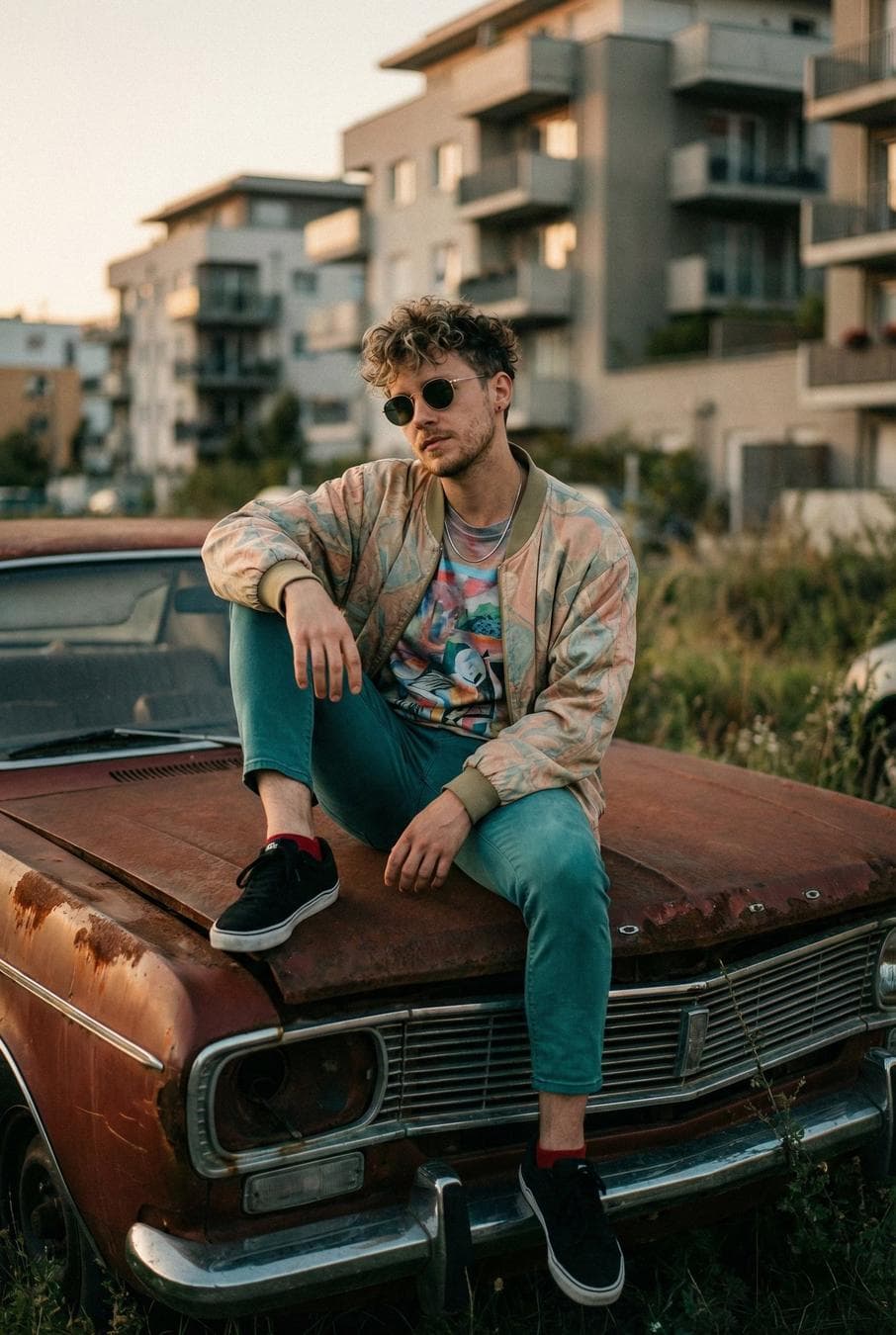 { "composition": { "framing": "centered subject with symmetrical balance", "perspective": "eye-level, slight downward tilt", "crop": "vertical portrait orientation, full body seated pose", "depth_of_field": "moderate, subject sharp with softly detailed background", "leading_elements": "rusted car edges and hood frame the subject" }, "subject": { "type": "human", "pose": "sitting casually on the hood of an abandoned car, one leg bent, one leg hanging", "expression": "relaxed, confident, contemplative", "gaze": "looking slightly downward and to the side", "hair": "short, curly, tousled", "facial_hair": "light mustache and stubble", "accessories": [ "round sunglasses", "necklace" ] }, "clothing": { "outerwear": "patterned bomber jacket with muted pastel tones", "top": "graphic t-shirt with colorful print", "pants": "teal slim-fit jeans, slightly cropped", "footwear": "black sneakers with white soles and red socks" }, "environment": { "setting": "urban outdoor area", "foreground": "overgrown grass and weeds", "primary_object": "abandoned, heavily rusted vintage car", "background": "modern apartment buildings with balconies", "contrast": "decay versus modern urban living" }, "color_palette": { "dominant_colors": [ "rust red", "teal", "muted green", "beige", "brown" ], "accent_colors": [ "red", "yellow", "black" ], "color_temperature": "warm with teal-green shadows", "grading_style": "cinematic, desaturated highlights, rich shadows" }, "lighting": { "type": "natural light", "time_of_day": "late afternoon or golden hour", "direction": "side-lit with soft shadows", "contrast": "medium contrast", "highlights": "soft and warm on skin and metal surfaces" }, "technical_details": { "camera_type": "DSLR or mirrorless", "lens_estimate": "35mm–50mm prime", "aperture_estimate": "f/2.8–f/4", "iso_estimate": "ISO 200–400", "shutter_speed_estimate": "1/200–1/400", "focus": "sharp on subject, slightly softer background" }, "artistic_style": { "genre": "urban…