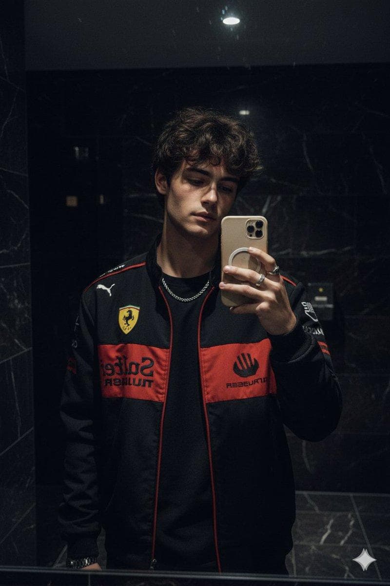 Create a hyper-realistic mirror selfie of me (use my face from the uploaded selfie) wearing the same black Ferrari racing jacket with red and yellow patches, black t-shirt underneath, silver rings, and chain. I'm holding a phone with a beige MagSafe case, posing in a dimly lit modern bathroom with dark marble walls. The lighting is soft…