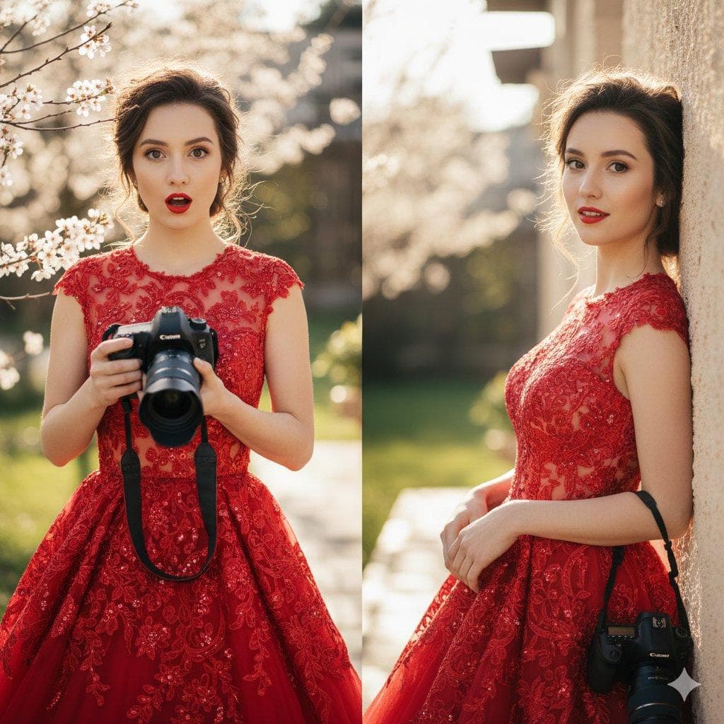 A young woman with an elegant, polished look. In one frame, she has an expressive, surprised "O" face; in the other, a soft, confident smile. ​Attire: A vibrant crimson red floor-length gown featuring intricate floral lace embroidery, a sheer neckline, and subtle sequin detailing that catches the light. ​Hair & Makeup: Her hair is styled in a soft, romantic updo with loose tendrils. She wears bold red lipstick that perfectly matches her dress and classic, warm-toned eye makeup. ​Setting & Composition: ​Environment: An outdoor garden during golden hour. The background is filled with soft-focus white spring blossoms (like cherry or almond trees) and lush greenery. ​Lighting: Backlit by a warm, setting sun, creating a "halo" effect on her hair and a soft, ethereal glow across the scene. ​The Contrast: She is holding or wearing a professional black DSLR camera with a large lens. The mechanical…