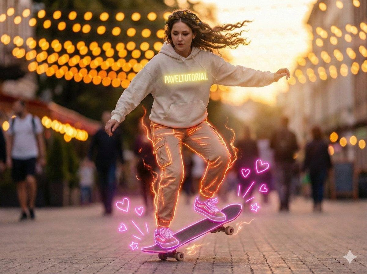 A HYPER-REALISTIC, 8K, MEDIUM SHOT CAPTURED WITH A WIDE-ANGLE LENS FROM A SLIGHTLY LOW ANGLE SHOWCASING A YOUNG PERSON IN A DYNAMIC, MID-ACTION POSE ON A SKATEBOARD, RIDING DOWN AN URBAN STREET AT DUSK. THE SUBJECT, WITH UPLOADED FACE AS REFERENCE, HAS LONG, LIGHT-COLORED HAIR FLOWING DYNAMICALLY TO THEIR RIGHT, INDICATING MOTION. THEY ARE WEARING A LIGHT GREY OR OFF-WHITE HOODIE FEATURING A PROMINENT, BRIGHT YELLOW HEON OUTLINE GRAPHIC THAT SPELLS "PAVELTUTORIAL ACROSS THE CHEST. THEIR LEGS ARE CLAD IN LIGHT BROWN OR BEIGE PANTS, INTRICATELY OUTLINED WITH A VIBRANT ORANGE-RED NEON GLOW THAT ALSO EMITS SMALL, FLICKERING NEON WISPS AROUND THEM, SUGGESTING ENERGY. THEIR FEET ARE ADORNED WITH BRIGHT PINK NEON-OUTLINED SNEAKERS, WHICH MATCH THE GLOWING PINK OUTLINE OF THE SKATEBOARD DECK BENEATH THEM. AROUND THE SKATEBOARD AND THE SUBJECT'S FEET, THERE ARE WHIMSICAL, GLOWING PINK NEON HEARTS AND STARBURSTS, ADDING A SURREAL, ENERGETIC TOUCH. THE BACKGROUND IS AN URBAN STREET SCENE, RENDERED WITH A SHALLOW DEPTH OF FIELD, CREATING A…