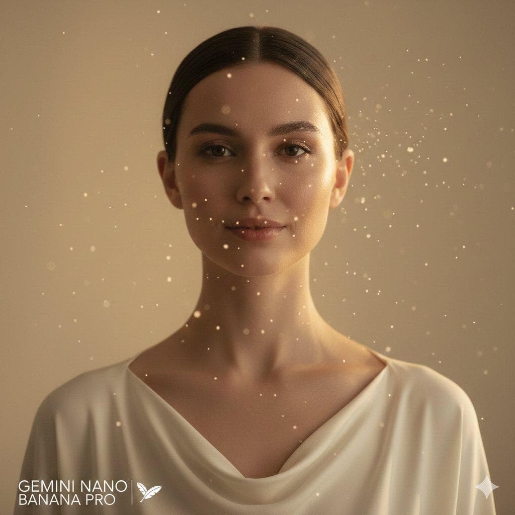 Calm eyes, simple elegance. A high-fashion close-up portrait of a woman with relaxed shoulders and a gentle, composed smile. She wears a soft ivory couture top with a clean neckline, set in a…
