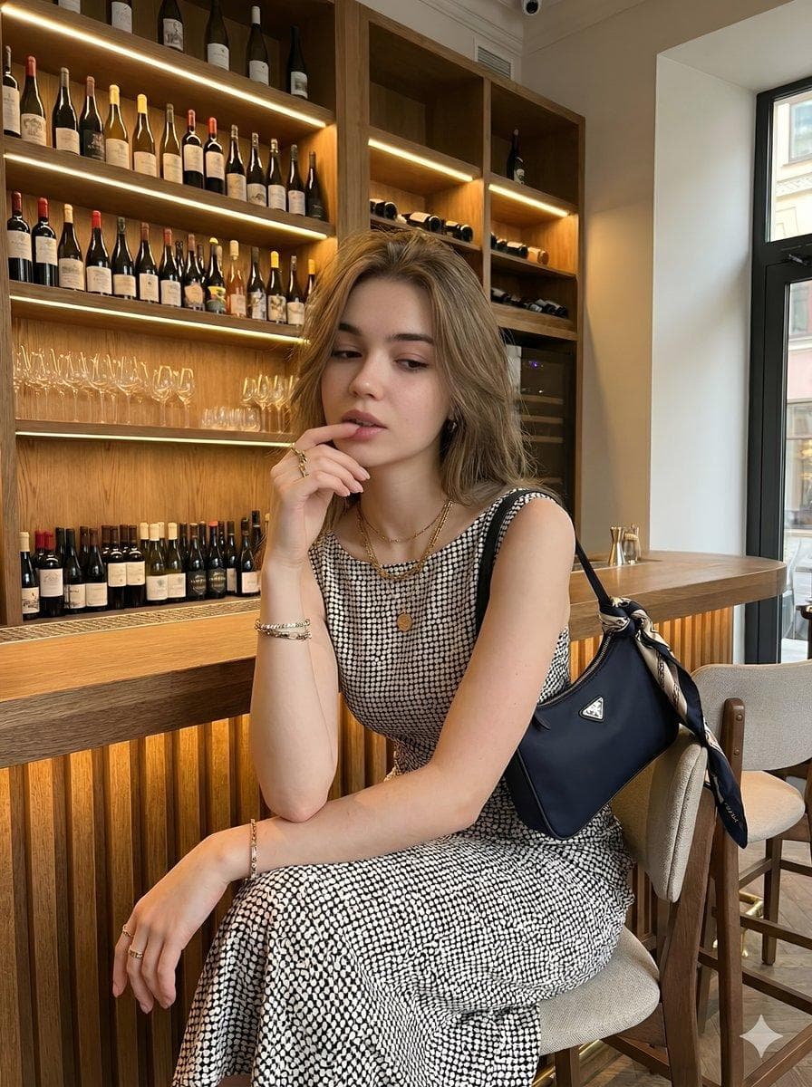 Young beautiful woman with long wavy hair, elegant sleeveless polka dot midi dress black and white pattern, sitting thoughtfully at stylish wine bar counter, hand near lips, luxury wine bottles wall background, Prada navy blue mini bag with silk scarf, gold jewelry, sophisticated chic atmosphere, soft warm lighting, cinematic, highly…
