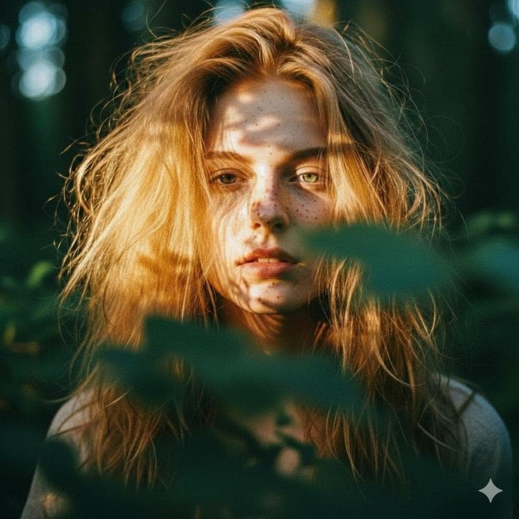 Close-up portrait of a young woman with messy, voluminous strawberry blonde hair and heavy freckles across her nose and cheeks. She is partially obscured by dark green forest foliage in the foreground. Dramatic cinematic lighting with dappled golden sunlight filtering through leaves, creating high-contrast shadows across her face. Dreamy, ethereal atmosphere, soft bokeh background of a dense forest, shot on 35mm film, earthy tones, hyper-realistic skin textures. ​Key Elements to Tweak ​If you want to adjust the vibe, try changing these specific keywords: ​Lighting: Swap "dappled sunlight" for "rim lighting" to get a glowing outline around her hair, or "overcast" for a moodier…