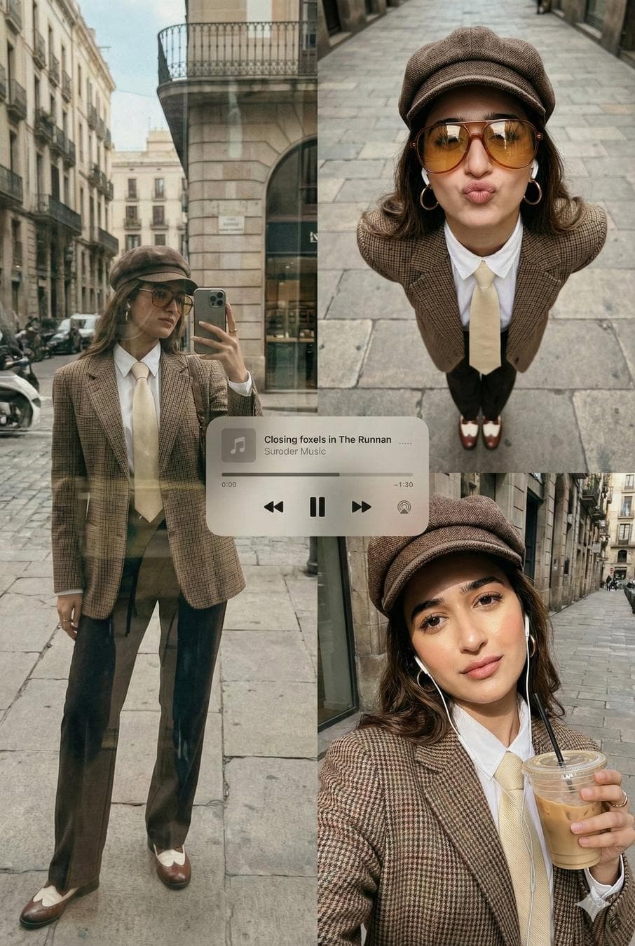 Transform this image [Upload Your Image] into a 64K DSLR shot resolution of A stylish urban fashion collage composed of multiple candid street-style shots arranged in a vertical split layout. The setting is a European-style city street with stone-paved sidewalks, historic architecture, and muted neutral tones. The overall atmosphere feels modern, artsy, and lifestyle-driven, blending fashion photography with everyday urban moments. The main subject is a fashion-forward young woman (same face as the uploaded image) with long black hair, wearing a coordinated vintage-inspired outfit. She has a confident, playful, slightly rebellious attitude expressed through her body language and facial expressions. Her outfit consists of a brown plaid blazer, a white button-up shirt, and a pale yellow tie, paired with loose dark trousers and two-tone leather shoes. She accessories with a brown fitted cap, large amber-tinted aviator sunglasses, silver hoop earrings, and a small shoulder bag. White wireless earbuds are visible in some frames, reinforcing a casual, modern lifestyle aesthetic. Left panel: A reflective mirror shot taken through a glass surface, showing the subject (same face as the uploaded image) holding a smartphone up to her face while taking a photo. The reflection slightly distorts the scene, creating layered depth with urban elements like street markings and building facades blending into the glass. Top-right panel: A high-angle shot looking down at the subject (same face as the uploaded image) as she leans forward toward the camera, lips pursed in a playful pout, emphasizing her expressive personality and bold eyewear. Bottom-right panel: A close-up selfie angle where she looks directly into the camera while holding an iced coffee in a clear plastic cup, earbuds in, with sunlight softly illuminating her face and sunglasses. Overlayed across the center of the collage is a minimalist music player UI, semi-transparent…