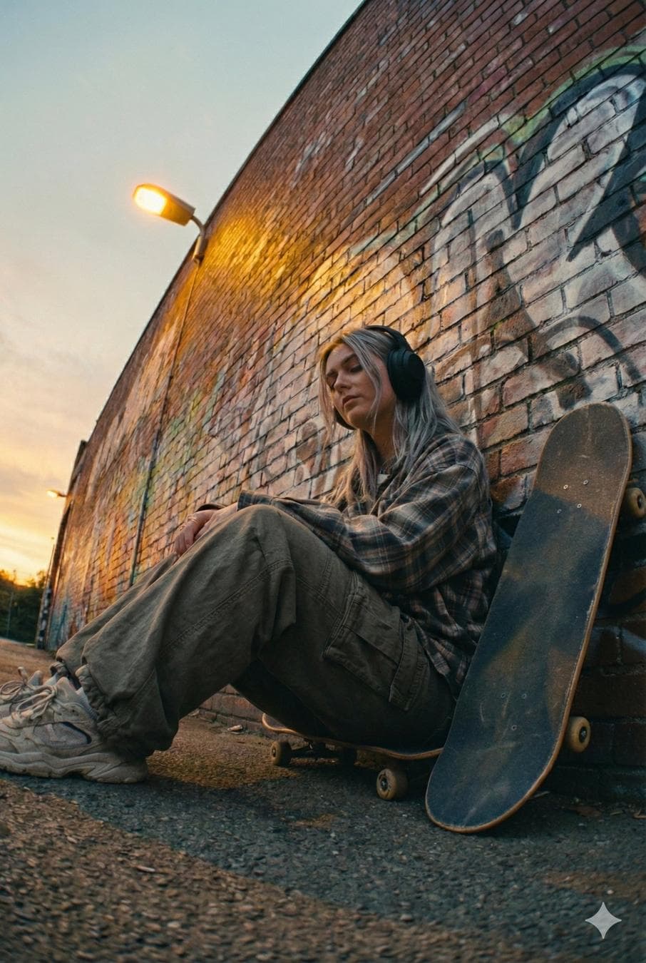 { "model": "Nano Banana Pro", "scene": "Urban street corner at dusk beside a brick wall covered in graffiti", "subject": { "type": "Young woman", "pose": "Sitting on a skateboard with knees bent, back resting against a brick wall", "expression": "Calm, introspective, slightly distant", "gaze": "Eyes gently closed or lowered, absorbed in music", "emotion": "Stillness, reflection, quiet detachment" }, "appearance": { "hair": { "color": "Silver-blonde", "style": "Loose, slightly tousled" }, "accessories": "Over-ear black headphones", "skin": "Natural tone with soft evening light" }, "attire": { "top": "Oversized plaid flannel shirt", "bottoms": "Loose cargo pants", "footwear": "Worn white sneakers", "style_note": "Relaxed streetwear, functional and unstyled" }, "environment": { "location": "City alley or side street", "background": "Brick wall with faded graffiti art", "props": [ "Skateboard leaning against the wall", "Street lamp mounted above" ], "atmosphere": "Urban, quiet, end-of-day calm" }, "lighting": { "primary": "Warm street lamp light", "secondary": "Soft natural twilight", "effect": "Golden highlights on brick texture, gentle shadows" }, "camera": { "angle": "Low-angle three-quarter view", "lens": "35mm cinematic lens", "depth_of_field": "Moderate, subject in focus with softly blurred background", "framing": "Vertical composition emphasizing street depth and wall lines" }, "color_palette": { "dominant": ["warm brick red", "muted olive", "soft amber"]…