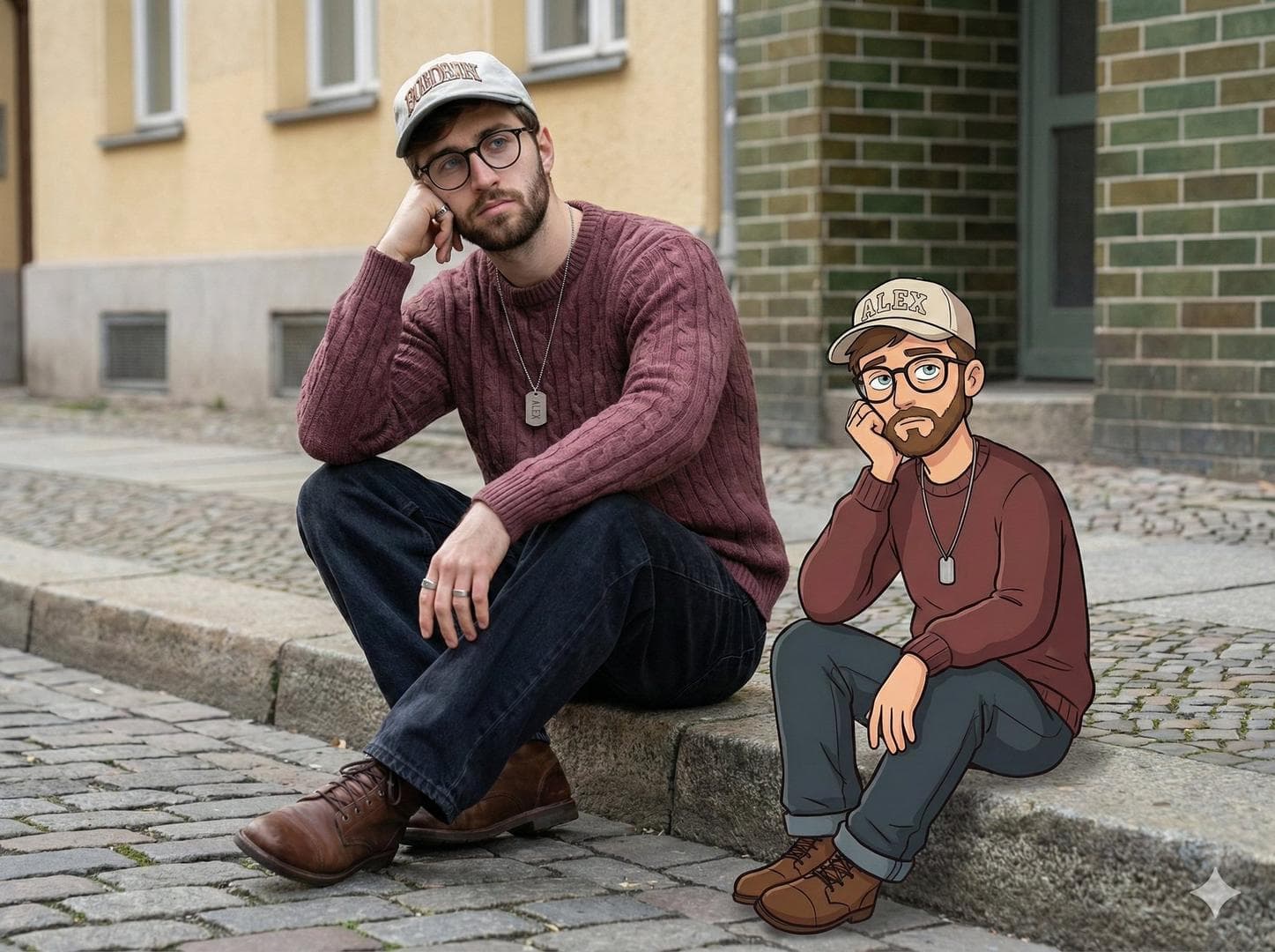 Transform this image [Upload Your Image] into a 64K DSLR shot resolution of A creative urban street portrait featuring a young man (same face as the uploaded image) sitting on a curb in a quiet city street, paired with a stylized cartoon illustration of himself placed beside him. The real-life subject (same face as the uploaded image) is seated casually on a concrete sidewalk edge, resting his head on one hand in a bored, contemplative pose. He looks slightly￼ upward with a neutral, introspective expression, conveying a sense of quiet thoughtfulness and urban solitude. He wears a muted maroon cable-knit sweater with a relaxed fit, dark loose-fitting denim jeans with subtle stitched details near the cuffs, and worn brown leather boots. Accessories include layered silver chain dog tag with the name "[Add Text]" written on it, rings on his fingers, black-framed glasses, and a light-coloured baseball cap with bold embroidered lettering on￼ the front. His hair is short, dark hair, a well-groomed beard texture and character. Next to him on the sidewalk sits a small cartoon version (same face as the uploaded image) of himself, matching his outfit and pose exactly—same sweater, jeans, boots, cap, glasses, and facial expression. The illustrated character has clean outlines, warm muted colors, and a soft shaded, hand-drawn animation style, creating a playful contrast between realism and illustration. The cartoon figure is￼ proportionally smaller, emphasizing a companion-like or inner-self concept. The background features textured cobblestone pavement, a…