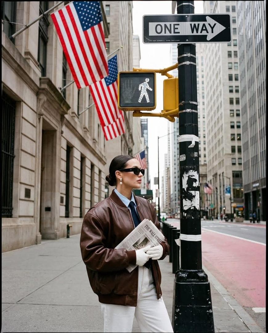 Ultra-realistic street fashion editorial photograph in New York City / Wall Street area, shot in vertical 3:4 (1152×1536). A stylish woman stands in the lower-right foreground on a wide concrete sidewalk at a street corner, posed in left-facing profile (body angled left, head slightly forward), calm confident expression. She wears large black rectangular sunglasses, pearl drop earrings, hair sleek center-part pulled into a low bun, subtle makeup with warm blush and muted lipstick. Outfit: oversized chocolate-brown leather bomber jacket with pronounced shoulders and glossy creases, layered over a light blue collared shirt and a dark necktie. Hands in front holding a folded newspaper: “THE WALL STREET” clearly visible across the top of the paper. She wears white gloves and high-waisted white pants (clean, structured). Environment / Street Elements (Must match): A tall black metal street pole dominates the right side foreground, wrapped with white tape bands and small worn stickers; at the top right there’s a black-and-white “ONE WAY” sign (arrow pointing right). Just left of the pole is a yellow/orange pedestrian traffic signal with the white walking figure illuminated. Above and behind, multiple large American flags hang from the stone building façade, the nearest flag filling the upper center-left area with visible red-and-white stripes and blue field. Background is a canyon of tall buildings: left side is an older light beige stone building with rectangular windows, vent-like panels, and dark trim at the base; right side shows modern tall buildings and a long street receding into the distance. On the roadway to the right is a pinkish-red lane (bus/bike lane feel) with textured sidewalk corner and a small red tactile paving patch near the pole base. Far background includes tiny pedestrians and cars along the street; everything is sharp enough to read the scene but remains secondary to the subject. Composition / Perspective: Wide-angle street perspective with strong vertical lines; the camera is at rough chest height aimed slightly upward so the signal, flags, and signs tower above the subject. Subject is framed from mid-thigh up, placed bottom-right, leaving large negative space of architecture and street signage above. Maintain exact spacing: pole near right edge, pedestrian signal centered above subject, flags hanging upper-left, street depth vanishing toward upper-right background. Lighting / Color / Texture: Overcast daylight with soft shadows, neutral highlights. Warm, slightly desaturated film look (beige stone tones, muted browns), subtle contrast, gentle lifted blacks. Add fine film grain and slight texture like a candid…