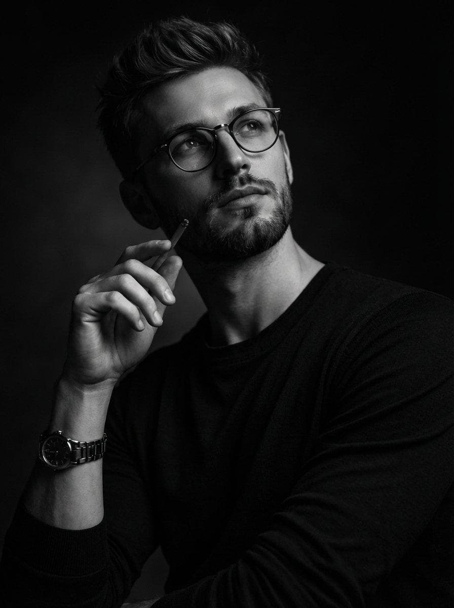 A dramatic black and white studio portrait of a thoughtful man with short styled hair, light stubble beard, and round eyeglasses, wearing a simple black sweater and a metal wristwatch, holding a pencil near his face, looking slightly upward and to the side, soft Rembrandt lighting from the left, deep shadows, high contrast, dark background, shallow depth of…