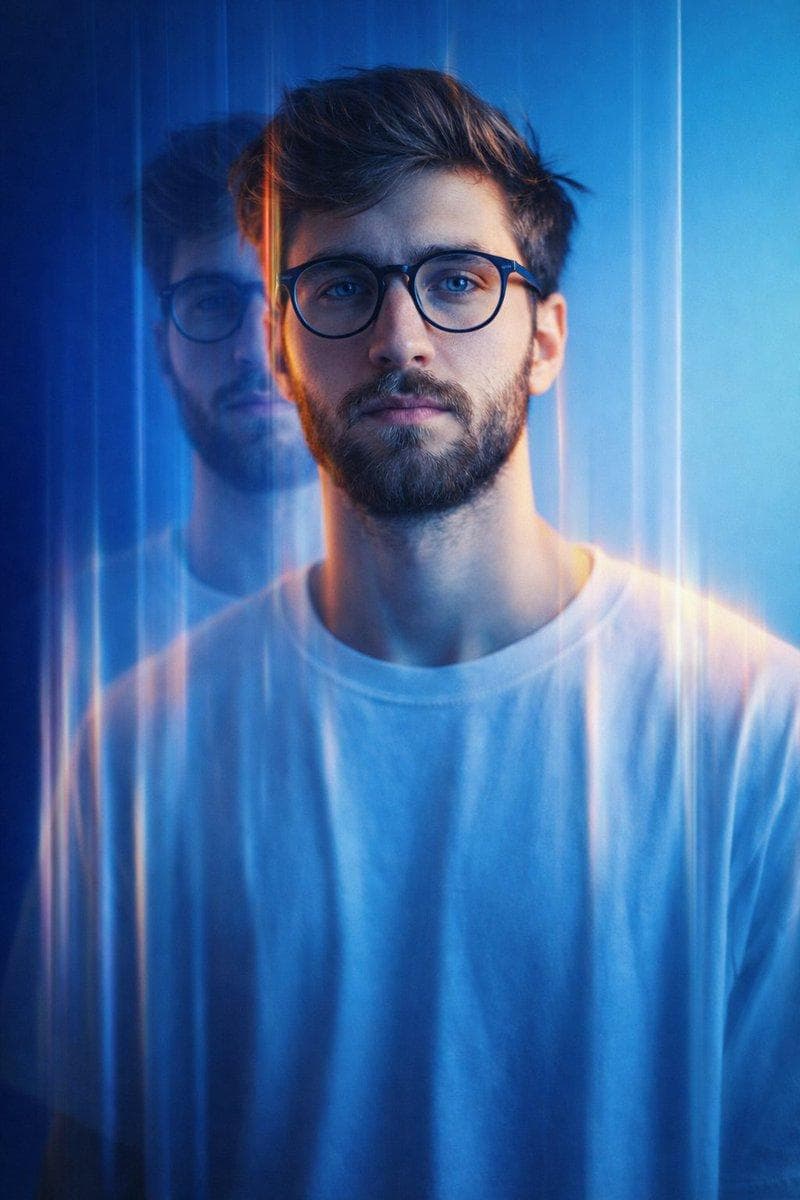 Create a cinematic, high-fashion half-length portrait of me with a dreamy editorial vibe. Use multi-exposure blur for ghosting and vertical streaks. Set against a blue gradient background (#0033A0 to #66CCFF), the subject wears an oversized white T-shirt. Apply high-contrast lighting (cool blue wash + orange/yellow edge highlights) for a futuristic glow. Expression: neutral/introspective, eyes softly lit. Simulate 50-85mm lens at…