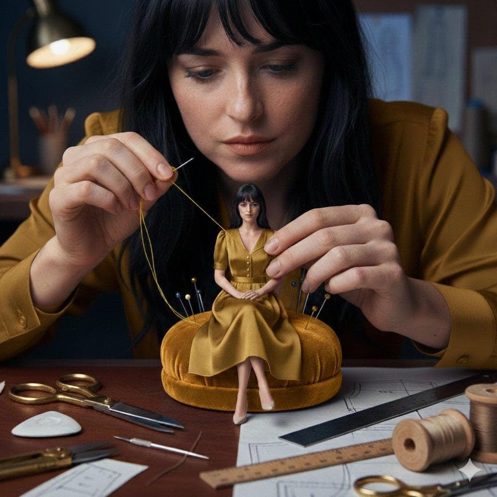 A cinematic fashion studio scene of a woman hand-sewing a miniature dress worn by a tiny version of herself seated on a pin cushion. She uses a fine needle and silk thread, concentrating intensely as fabric tension is adjusted. The miniature garment features perfectly scaled seams, buttons, and lifelike fabric weight in it . Workbench filled with miniature scissors, chalk, rulers, pattern papers, and thread reels. Warm cinematic lighting reveals…