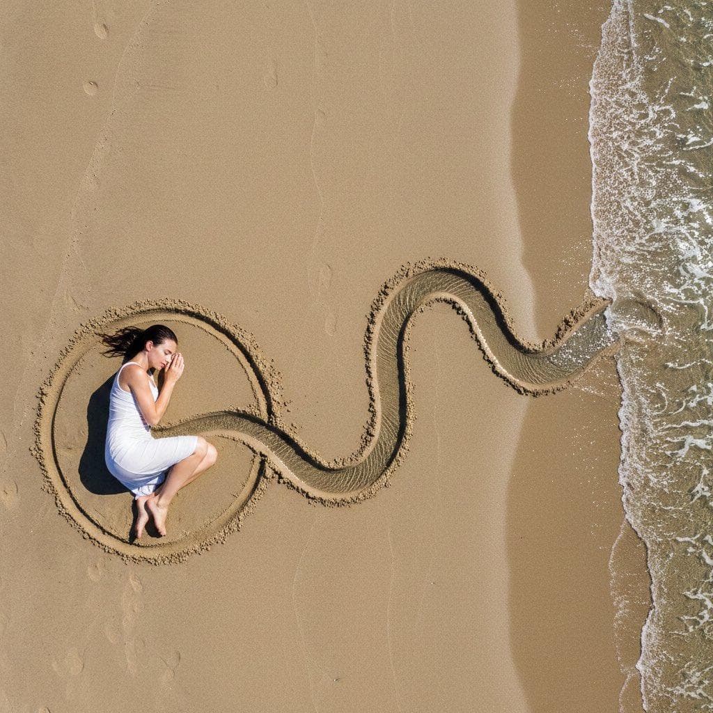 { "intent": { "summary": "Land-art photography of a woman connected to the sea via a specific water-filled trench in the sand, matching a provided schematic diagram.", "strategy": "Structural Precision: Defining the 'line' as a dug channel to prevent chaotic water flow." }, "frame": { "aspect_ratio": "3:2", "shot_size": "Wide Shot (WS)", "orientation": "Landscape", "composition_guide": "Diagrammatic Layout: Woman on left, Sea on right, connected by a sinuous line." }, "subject": { "subject_type": "Human", "identity_summary": "Female figure acting as the anchor for a sand-art installation.", "visual_signature": { "facial_signature": { "face_shape": "Soft", "eye_details": "Closed", "nose_details": "Natural", "lip_details": "Relaxed", "cheek_and_jaw": "Relaxed", "unique_features": "Wet hair" }, "body_signature": { "build": "Slender", "proportions": "Natural", "skin_tone_and_texture": "Natural, sand-dusted", "height_estimation_cm": 165, "unique_markings": "None" } }, "pose_and_action": { "description": "Lying in a tight fetal position inside a sand circle.", "body_position": "Curled on side, knees tucked high.", "limb_positions": "Arms tucked in, hugging knees.", "hand_gestures": "Hands folded near face/knees.", "facial_expression": "Peaceful, sleeping.", "gaze_direction": "Eyes closed." }, "inventory": { "wardrobe": "White dress, wet and clinging to the body.", "accessories": "None.", "held_objects": "None.", "hair_style": "Dark, wet, splayed out on the sand." } }, "environment": { "setting_type": "Outdoor", "location_description": "Flat sandy beach with specific sand-art markings.", "time_of_day": "Daytime", "weather_conditions": "Clear", "background_elements": "The beach features a deep, hand-dug trench snaking from the sea to the woman's belly. This trench is filled with sea water but distinct from the surrounding dry sand. A separate circular groove surrounds the woman." }, "lighting": { "global_illumination": "Natural…