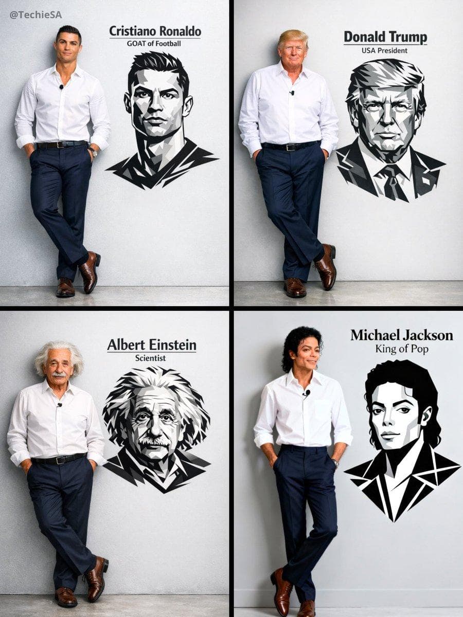 Ultra-realistic 8K full body portrait of [PERSON’S FULL NAME], wearing a clean and pressed white social shirt with folded collar and a small lapel microphone, dark navy-blue dress pants and polished brown social shoes. Casually and unpretentiously leaning against a smooth light gray studio wall; hands are in pockets and one leg is crossed over the other, with relaxed and confident body language. Add to the wall next to them a prominent vector portrait in black and white of…