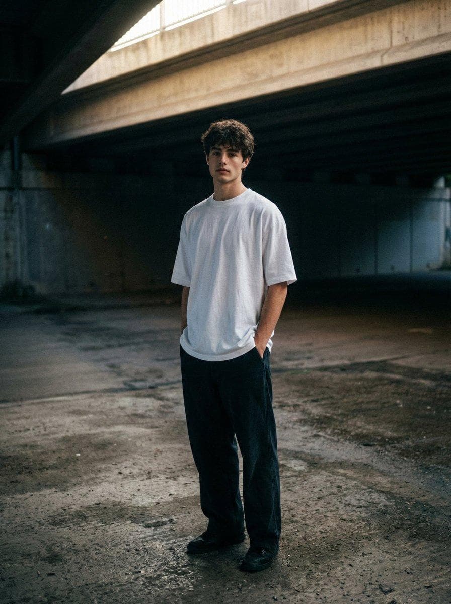 A moody, urban portrait of me standing under a desolate concrete overpass, the harsh architectural lines framing a lone figure. I'm wear ing an oversized white t-shirt and loose dark pants, hands in pockets, a relaxed posture. The ground is rough, textured concrete, with hints of dampness. Cinematic top lighting with deep shadows and rich tex ture, emphasizing the starkness of the environment. Shot on 35mm, f/2.8…