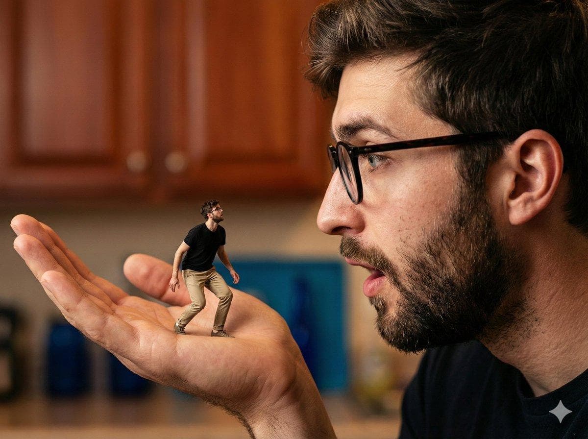 A hyper-realistic, surreal composite shot utilizing forced perspective to create a dramatic scale difference, featuring an extreme close-up profile view on the right side of a man with uploaded face as reference, his expression one of slack-jawed astonishment with mouth slightly agape as he gazes downward. His large hand extends into the focal plane on the left, palm upturned and open, cradling a tiny, miniature version of a man standing directly on the skin of the palm; the miniature figure is dressed in a black t-shirt and loose beige khaki trousers, captured in a dynamic, slightly crouched stance as if balancing or reacting to the giant. The cinematography employs a shallow depth of field with an 85mm portrait lens, keeping the giant's profile and the miniature figure in sharp focus while rendering the background—a warm-toned domestic interior with reddish-brown wooden…