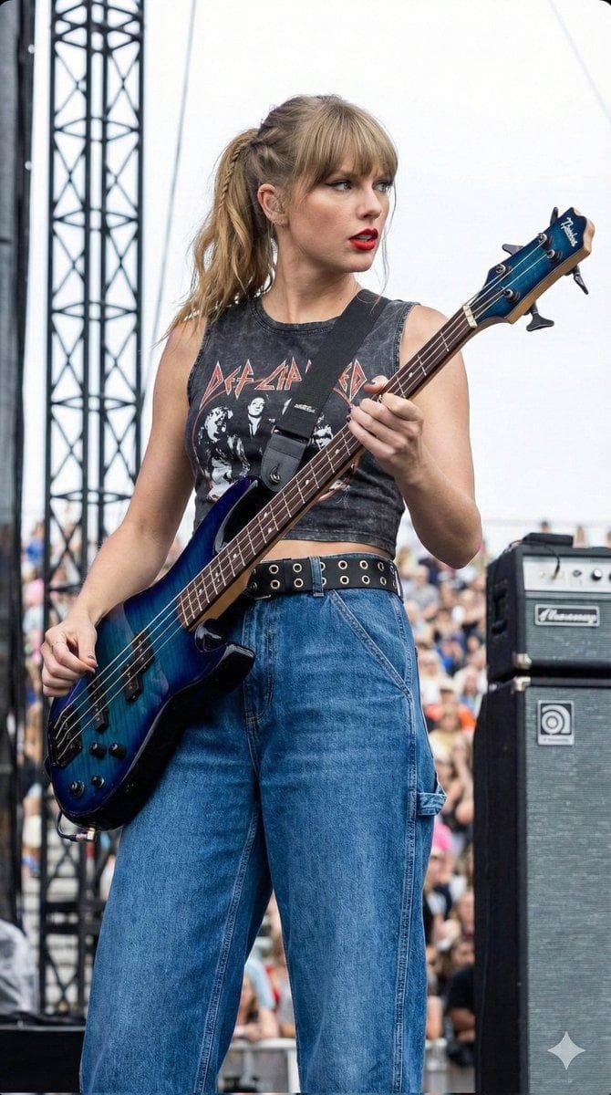 { "image_generation_prompt": { "subject": { "main": "young female musician bass guitarist performing live on an outdoor stage", "appearance": "long dark wavy layered hair blowing slightly in wind, fair skin, intense focused facial expression, natural makeup, silver hoop earrings", "pose": "standing confidently holding a bass guitar, fingers plucking strings, looking slightly off-camera to the left" }, "attire": { "top": "sleeveless dark grey acid-wash graphic crop top with vintage band aesthetic", "bottoms": "loose fit wide-leg blue denim carpenter jeans with large pockets", "accessories": "black leather belt with double row silver grommets, wide black guitar strap" }, "instrument": { "type": "modern electric bass guitar", "details": "deep blue burst finish with visible wood grain texture (quilted maple top), black hardware, long guitar neck, intricate fretboard details" }, "environment": { "setting": "daytime outdoor concert stage, open air festival vibe", "background_elements": "blurred stage truss structures, black bass amplifier stack…