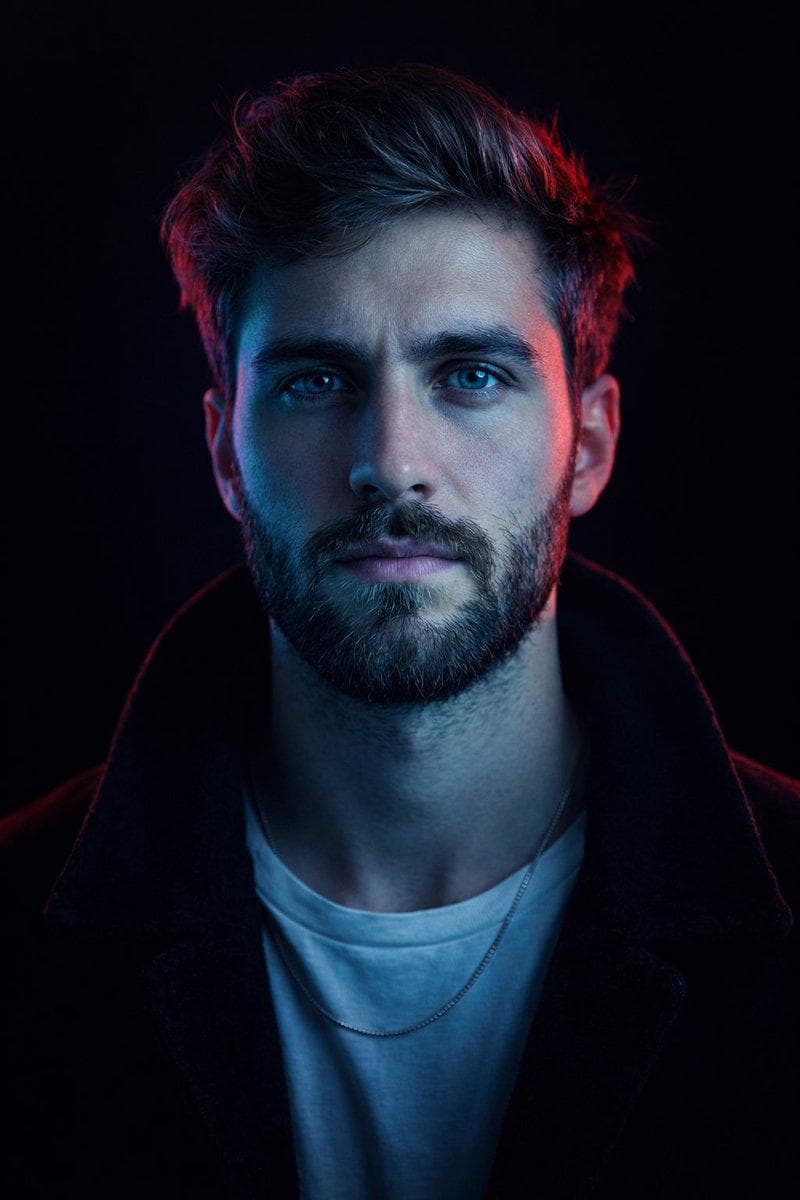 { "image_type": "studio portrait", "composition": { "framing": "tight head-and-shoulders close-up", "camera_angle": "eye-level", "orientation": "vertical", "symmetry": "near-perfect central symmetry", "focus": "sharp focus on eyes and facial features", "depth_of_field": "shallow, background fully blurred to black" }, "subject": { "description": "middle-aged male-presenting subject", "pose": "frontal, facing camera directly", "expression": "calm, confident, intense gaze", "eye_direction": "looking straight into lens", "facial_features": { "facial_hair": "short salt-and-pepper stubble and trimmed goatee", "skin_texture": "visible pores and fine lines, realistic skin detail", "eyes": "light-colored eyes emphasized by catchlights" }, "hair": { "style": "medium-length, brushed back", "texture": "natural, slightly tousled", "color": "dark brown with subtle gray highlights" } }, "wardrobe": { "top": "white crew-neck t-shirt", "outerwear": "dark jacket or coat with soft texture", "accessories": "thin chain necklace partially visible" }, "lighting": { "style": "cinematic, high-contrast neon lighting", "key_light": { "position": "front-left", "color": "cool cyan/blue", "effect": "dominant illumination across face and torso" }, "rim_light": { "position": "rear-right", "color": "saturated red/magenta", "effect": "strong edge highlight on hair and face contour" }, "fill_light": "minimal to none", "contrast_level": "high", "mood": "dramatic, futuristic, intense" }, "color_palette": { "dominant_colors": ["cyan blue", "deep red", "black"], "color_temperature": "mixed cool and warm neon tones", "saturation": "high saturation on lighting, neutral clothing tones", "color_grading": "stylized cyberpunk-inspired grading" }, "background": { "environment": "studio", "details": "pure black background with no visible texture or objects", "separation": "strong subject-background separation via rim lighting" }, "technical_details": { "camera_style": "professional studio photography"…