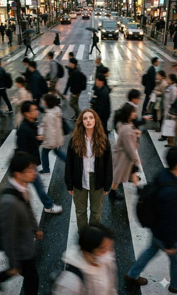 Cinematic street photography capturing a moment in motion with a crowd blur effect. Overhead portrait of me standing still on a crosswalk, wearing a white button-up shirt, black oversized jacket, and olive green cargo pants. Motion-blurred crowd rushes past. Moody city…