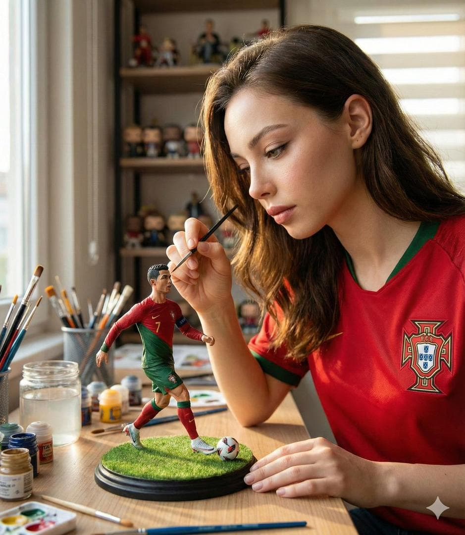 A hyper-realistic cinematic scene of a woman carefully painting a miniature football figurine of Cristiano Ronaldo in a Portugal national team jersey. The tiny footballer is frozen mid-dribble with the ball at his feet, standing on a round grass base placed on a wooden desk. The woman wears a matching red Portugal jersey and focuses intently while holding a fine paintbrush near the figure’s face. Soft natural window light creates warm highlights and gentle shadows, shallow depth of field with a blurred shelf of…