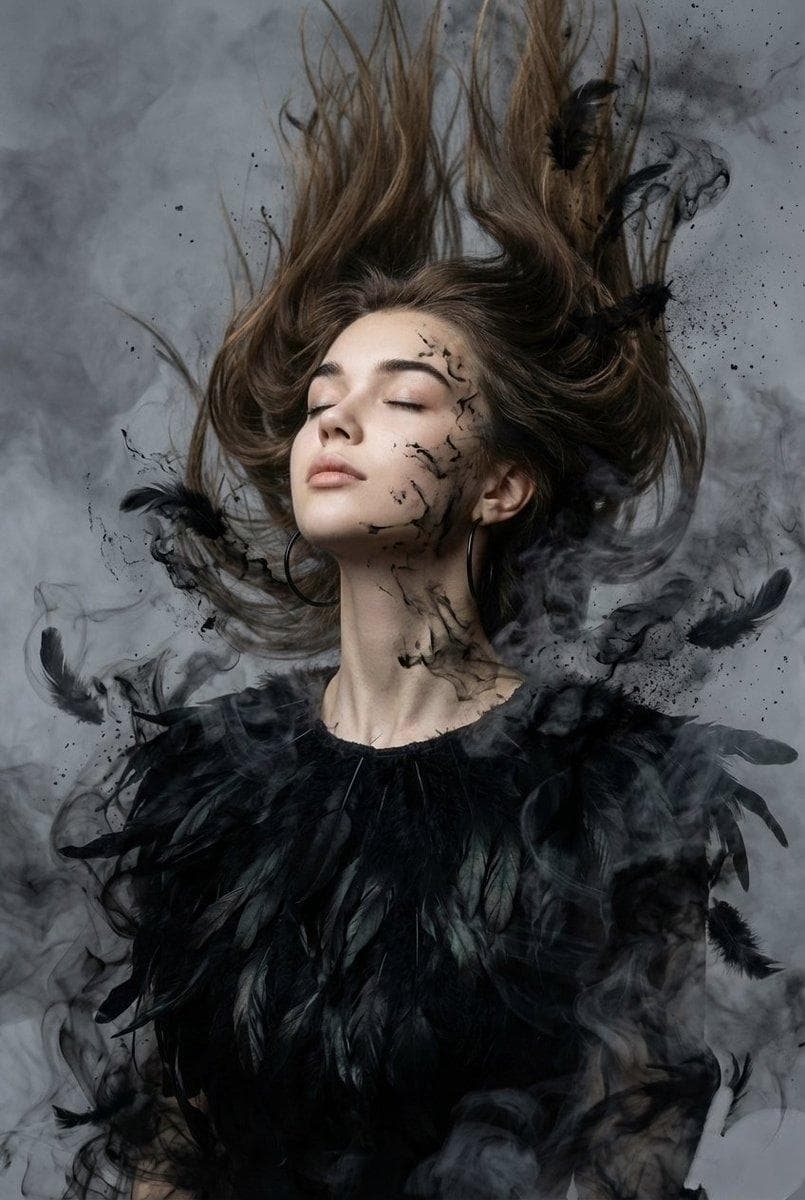 { "image_style": "surreal, dark cinematic, ethereal", "subject": { "person": "woman with features of reference image", "pose": "head tilted back, eyes closed, expression of freedom and release", "framing": "close-up portrait from chest upward", "clothing": "long-sleeve blouse made of organic, layered deep matte black raven feathers", "accessories": "large black hoop earrings" }, "visual_effects": { "hair": "loose, dynamically suspended, blowing upward and forward by wind", "dissolving_elements": [ "feathers and hair merging with black ink splatters", "charcoal dust", "wisps of dark smoke" ], "face_details": "fine black ink splatters and wisps…