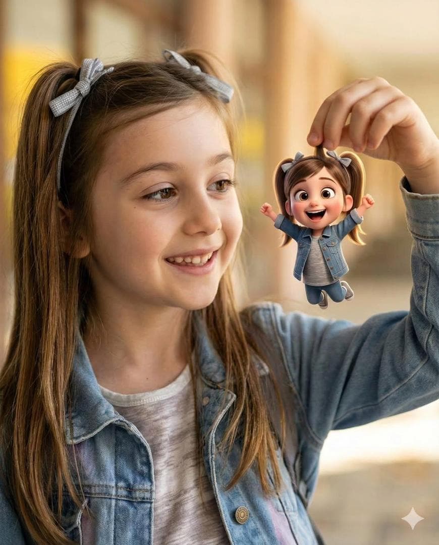 { "Objective": "Create a heartwarming, whimsical portrait blending photorealistic realism with a tiny Pixar-style animated character", "PersonaDetails": { "PrimarySubject": { "Type": "Young girl", "Expression": "Bright, joyful smile", "Hair": { "Style": "Long light-brown hair", "Accessories": "Cute ribbon bows" }, "Wardrobe": { "Outerwear": "Casual denim jacket", "Top": "Soft neutral-colored shirt" } }, "SecondarySubject": { "Type": "Tiny 3D cartoon version of the girl", "Scale": "Miniature, held delicately between fingers", "Style": "Pixar-style 3D character", "Proportions": "Oversized expressive eyes, rounded features", "Hair": "Pigtails matching the real girl", "Wardrobe": "Denim outfit matching the real subject", "Pose": "Arms raised joyfully" } }, "Composition": { "Framing": "Close-up to medium portrait", "Interaction": "Clear playful interaction between girl and miniature character", "DepthOfField": "Shallow depth of field", "Focus": "Ultra-sharp focus on both faces" }, "LightingAndBackground": { "Lighting": "Warm natural daylight", "Background": { "Style": "Soft golden bokeh", "Mood": "Dreamy, magical" } }, "ArtDirection": { "StyleFusion": [ "Photorealistic child portrait photography", "Pixar-style 3D animated character" ], "Aesthetic": "Magical realism with playful scale contrast", "TextureDetail"…