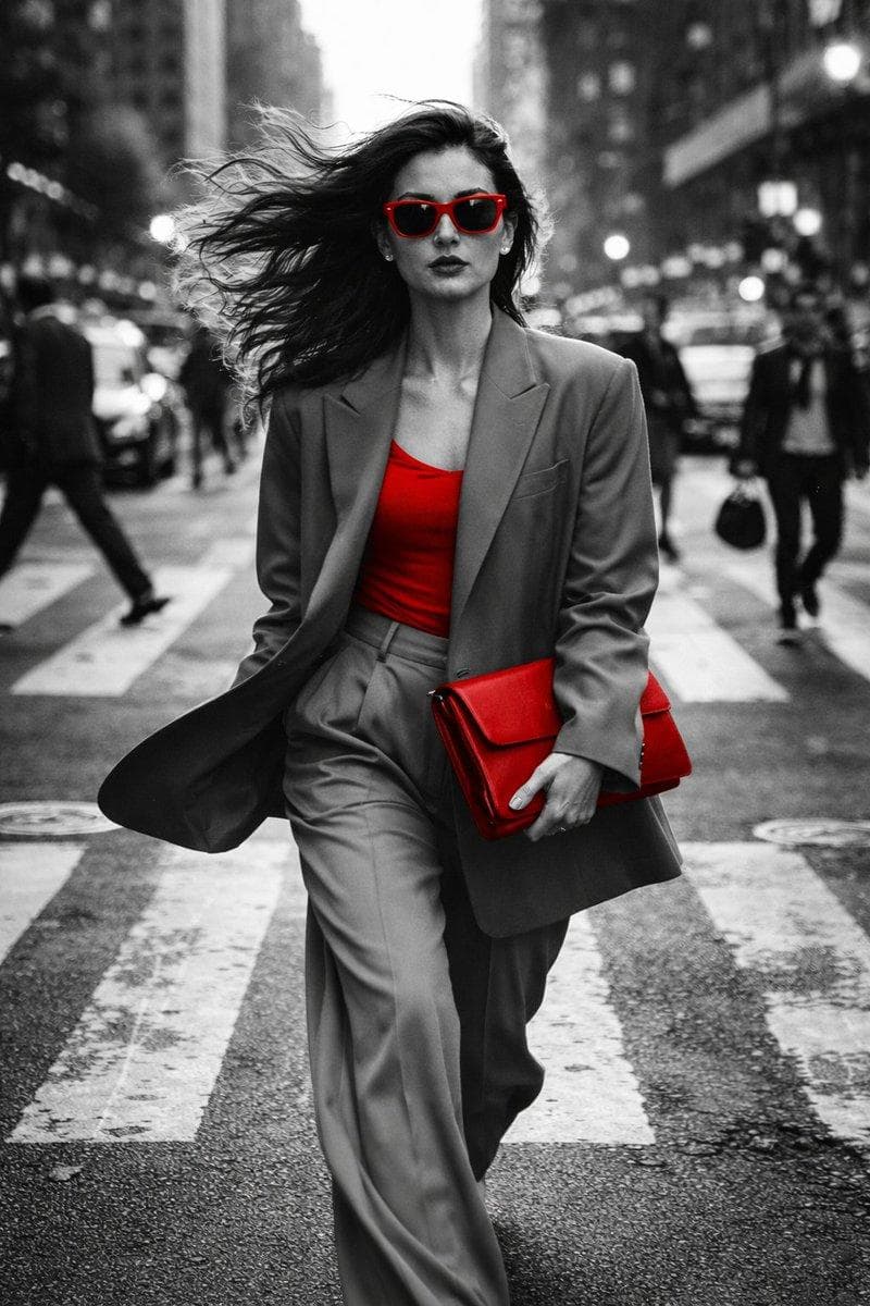 { "objective": "Generate a hyper-realistic black and white street fashion photograph with selective color accents.", "image_type": "photography", "prompt": { "subject": "A stylish, confident woman crossing a busy city intersection", "wardrobe": { "outerwear": "Oversized blazer in neutral tone", "innerwear": "Bright red fitted top (selective color)", "bottoms": "Loose tailored trousers in neutral tone", "accessories": [ "Bright red leather clutch in hand", "Bright red sunglasses" ] }, "action_motion": "Walking briskly toward the camera, hair flowing backward due to motion, blazer and trousers moving naturally", "scene": "Busy urban crosswalk with pedestrians and cars motion-blurred in the background", "perspective": "Frontal tracking shot at waist level", "style": [ "High-end street fashion", "Paparazzi aesthetic", "Editorial candid", "Dynamic movement photography" ], "visual_details": [ "Realistic fabric physics", "Detailed hair movement", "Sharp facial features", "Asphalt road texture", "Motion blur on background crowd", "Bokeh city lights" ], "mood": [ "Confident", "Cosmopolitan", "Urgent", "Powerful" ] }, "camera_and_composition": { "angle": "Waist-level", "framing": "Subject centered, background expanding outward with motion blur", "depth_of_field": "Shallow depth of field isolating the subject" }, "lighting": { "type": "Natural backlight with rim lighting", "contrast"…